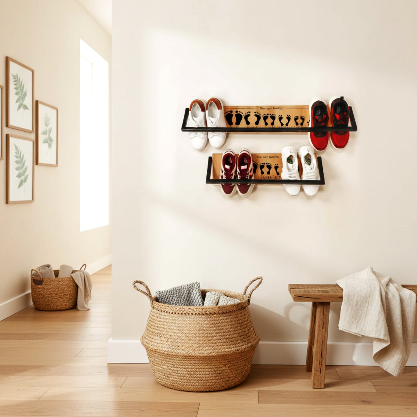 Solid pine wood floating shoe rack wall mounted shelf.