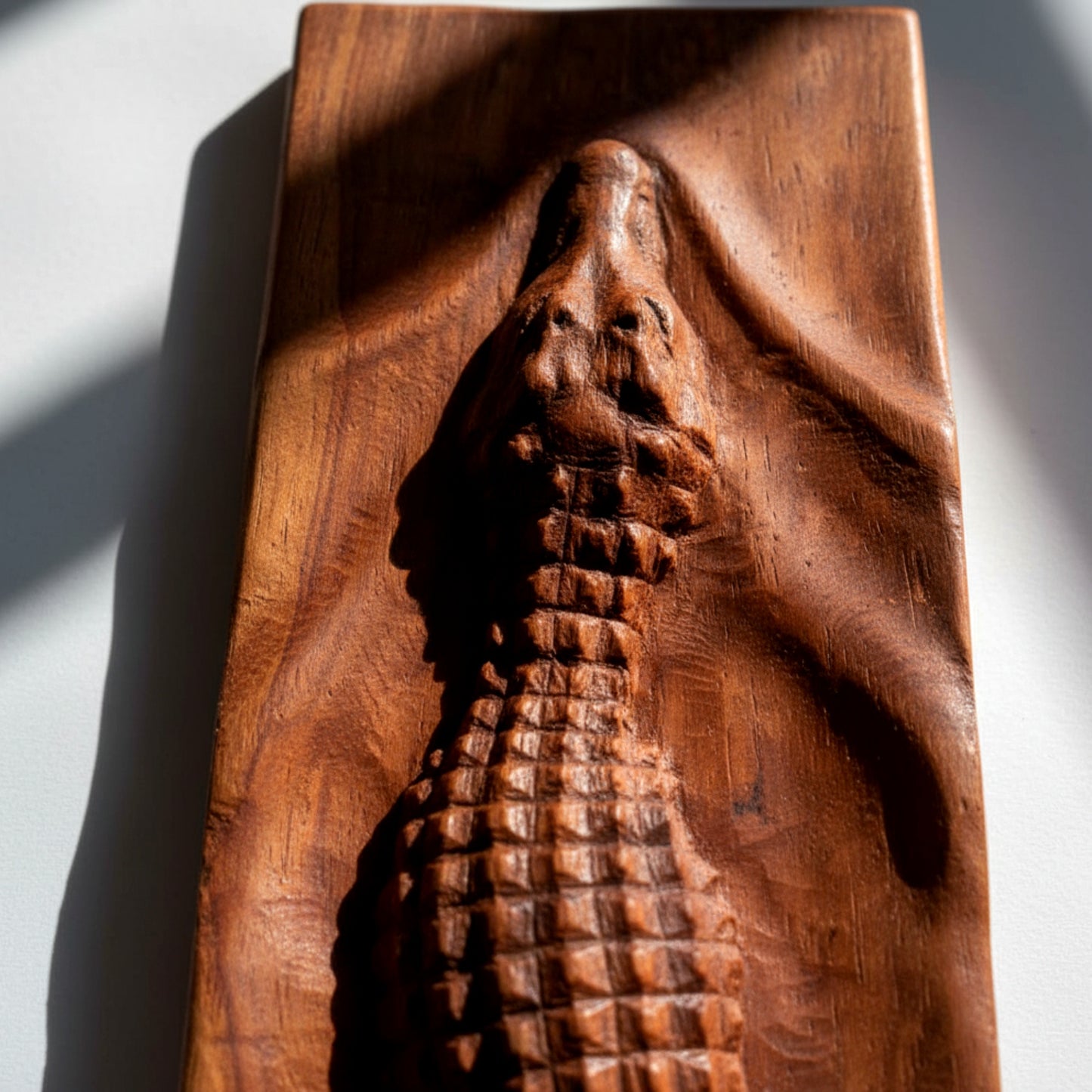 Hand carved walnut crocodile wall art sculpture 3D relief.