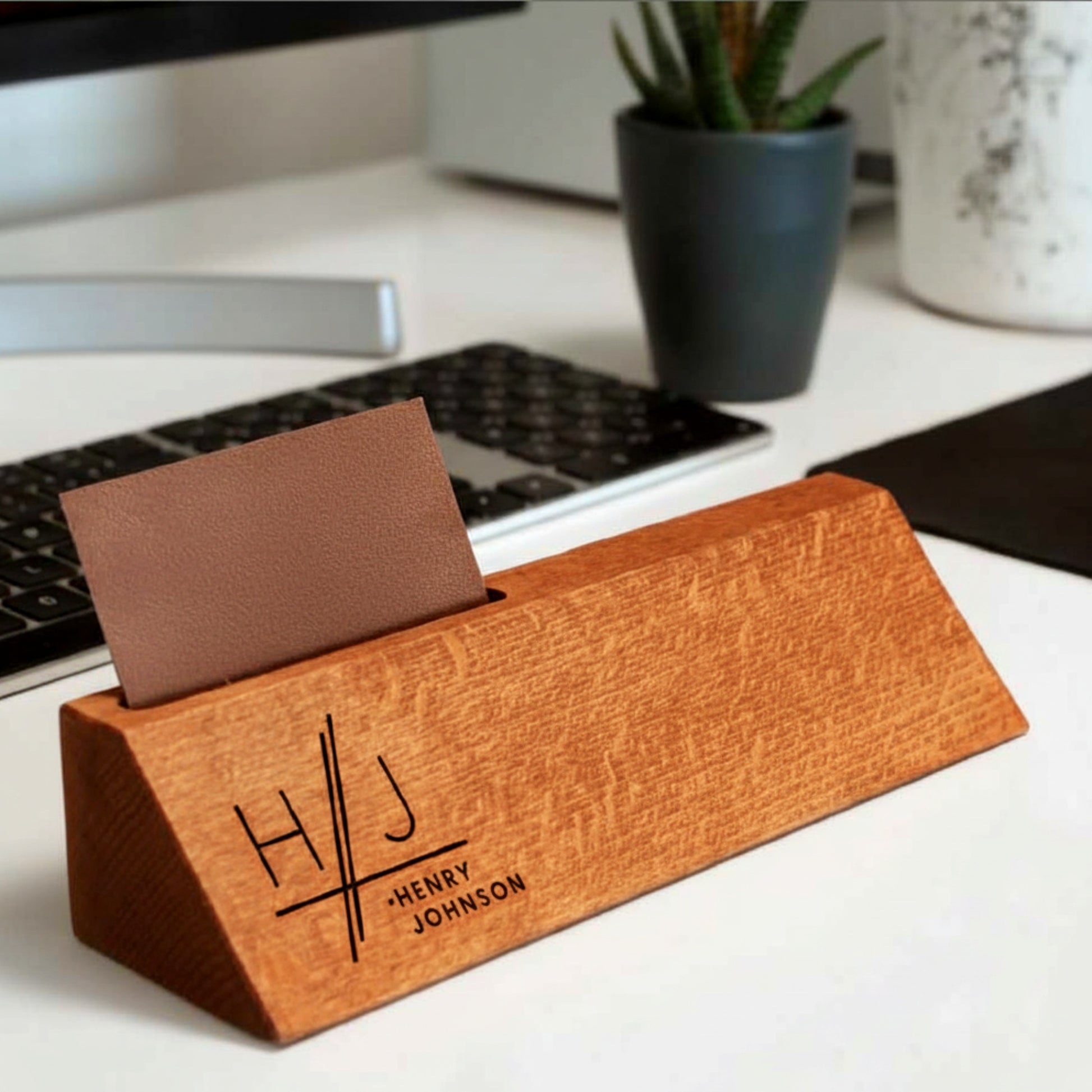 Personalized wooden desk name plate with card holder slot.