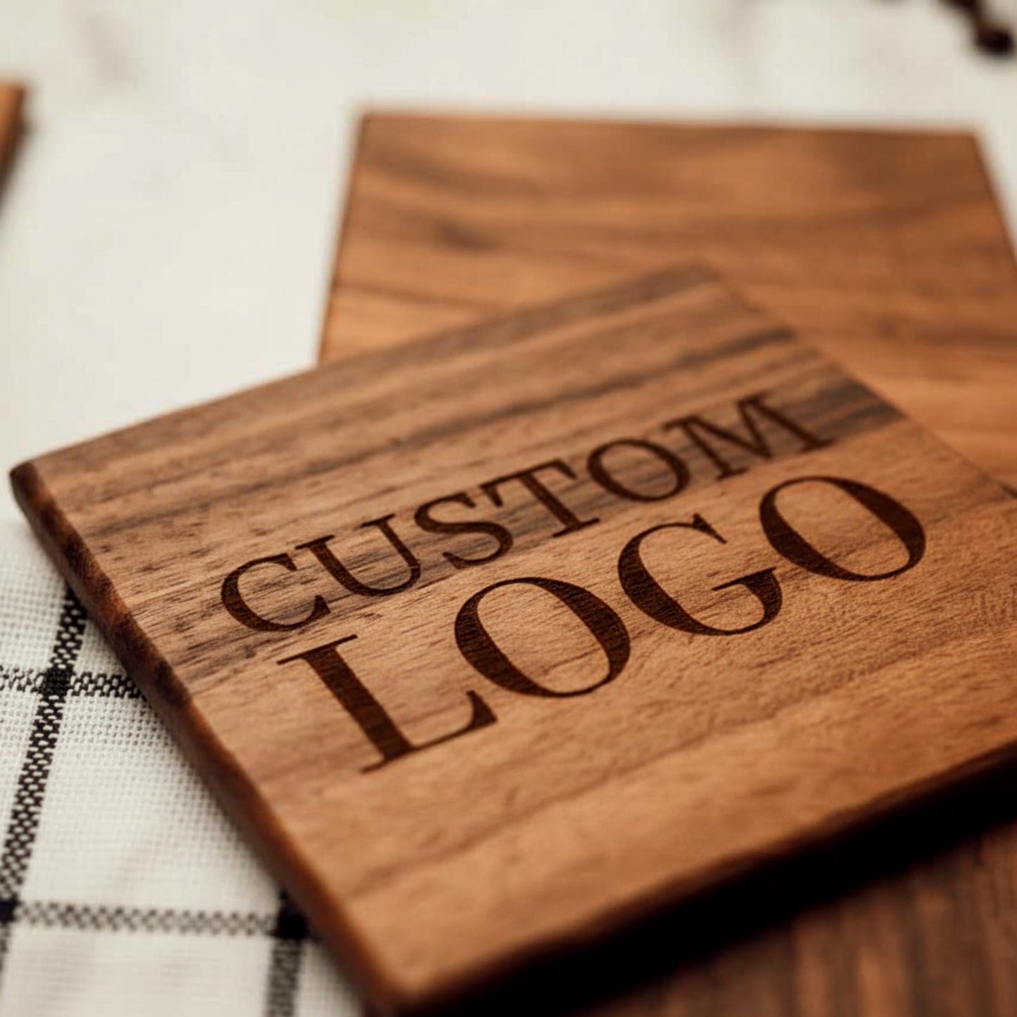 Personalized solid walnut and beech wood coasters set.