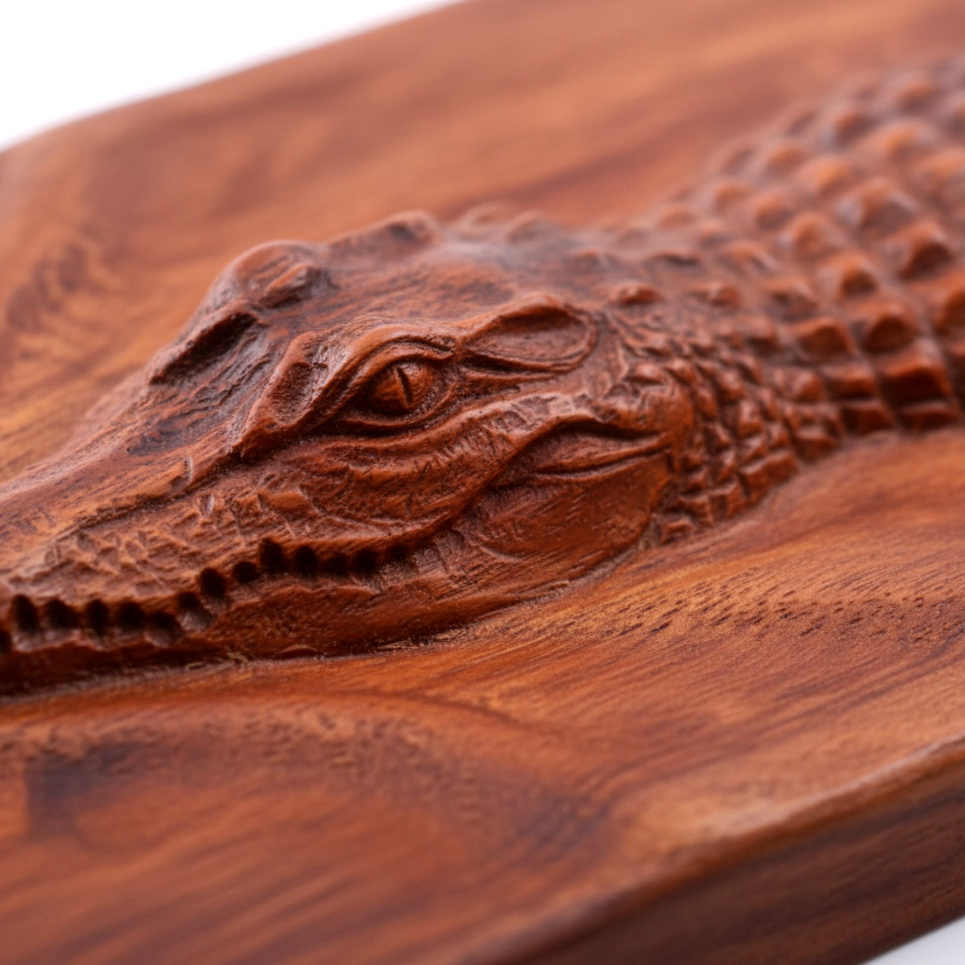 Hand carved walnut crocodile wall art sculpture 3D relief.