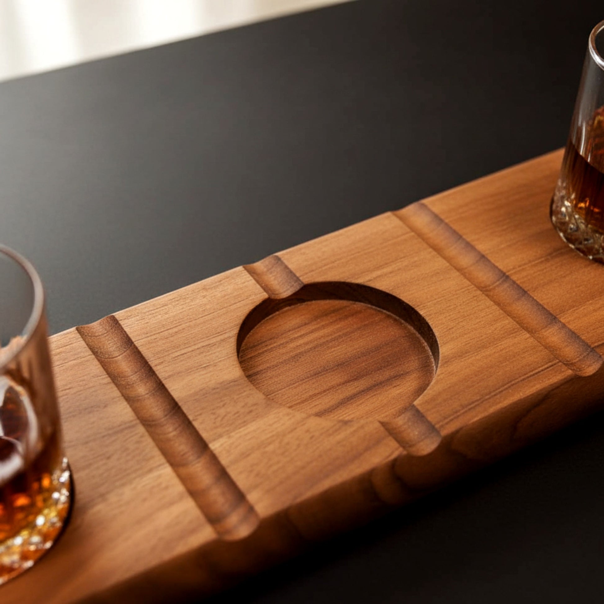 Solid walnut cigar ashtray and whiskey glass holder luxury gift.