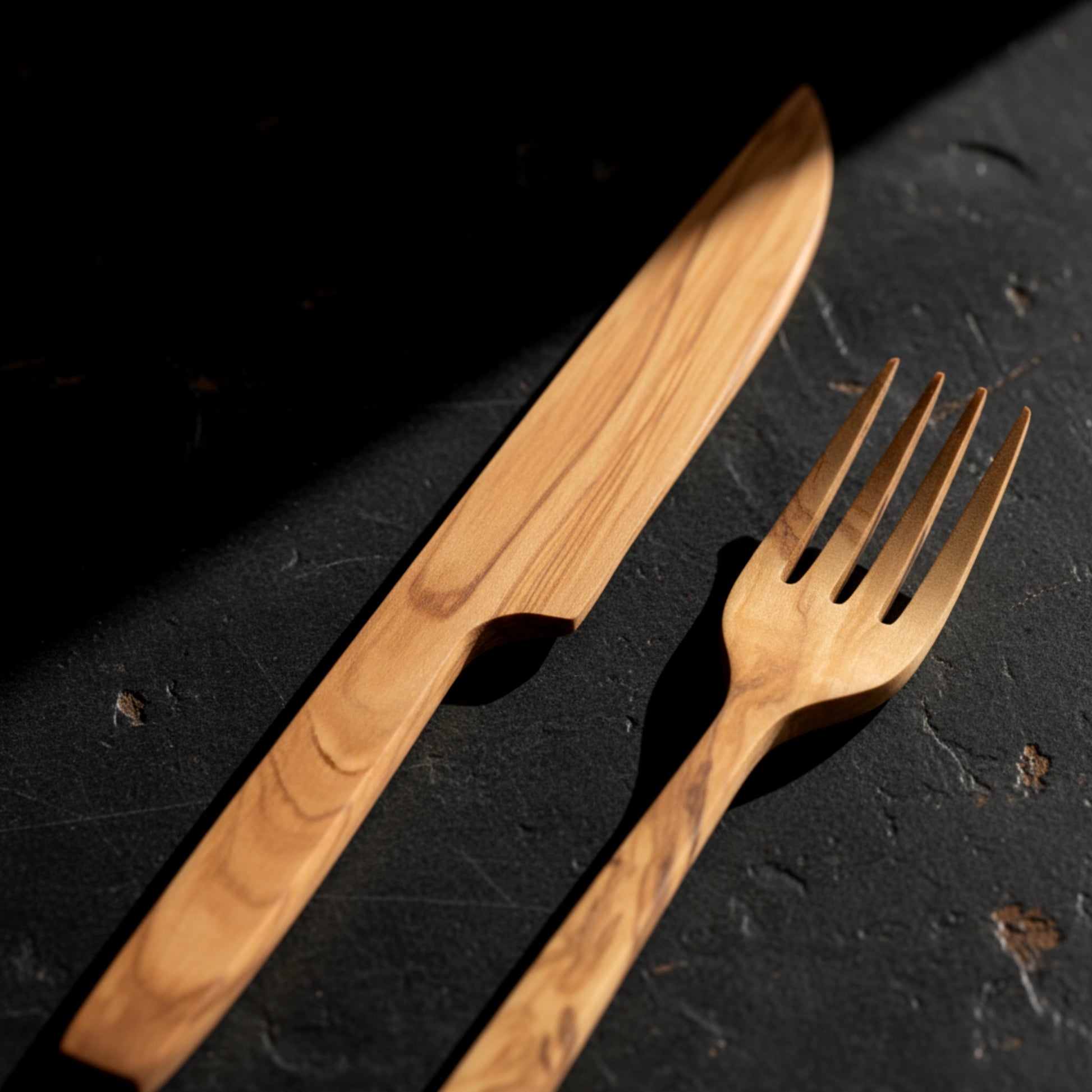 Olive wood kitchen utensil set spatula knife fork honey dipper.