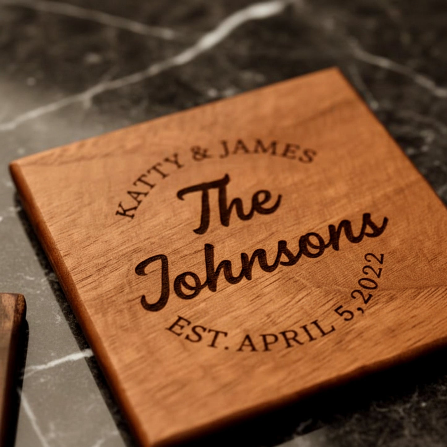 Personalized solid walnut and beech wood coasters set.