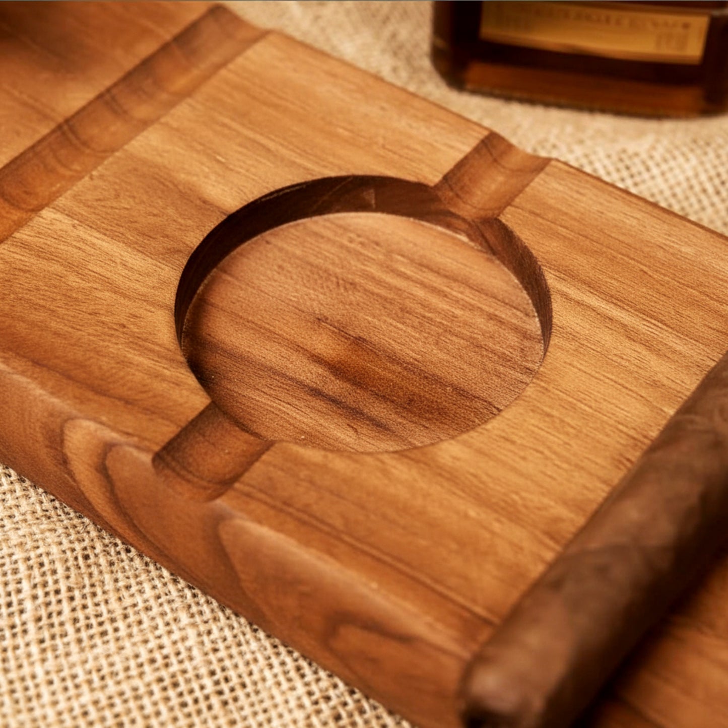 Solid walnut cigar ashtray and whiskey glass holder luxury gift.