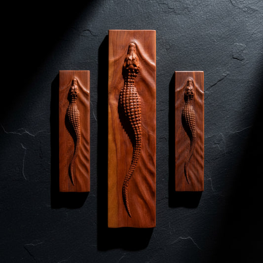 Hand carved walnut crocodile wall art sculpture 3D relief.
