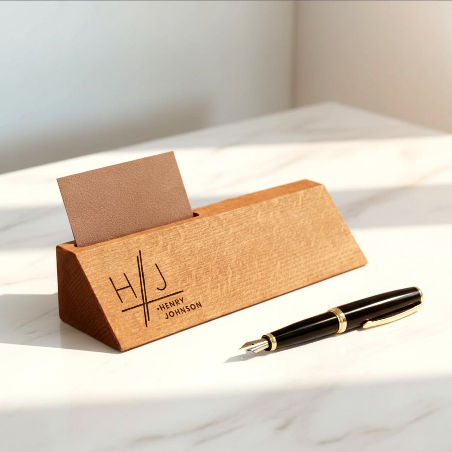 Personalized wooden desk name plate with card holder slot.