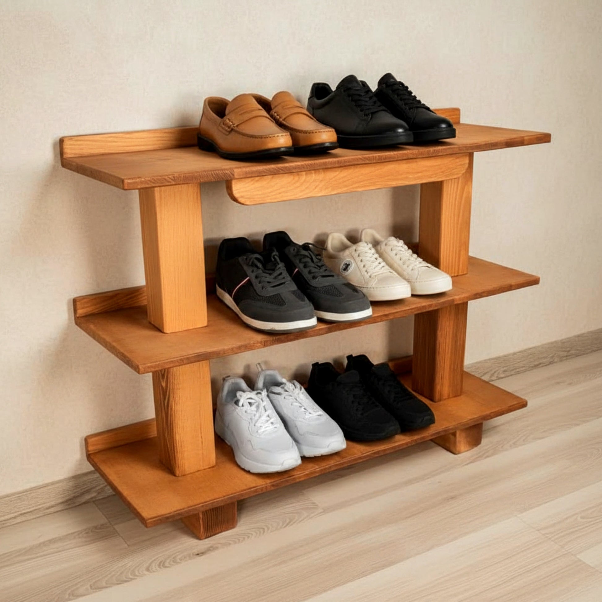 Heavy duty solid pine shoe bench rack thick wood.