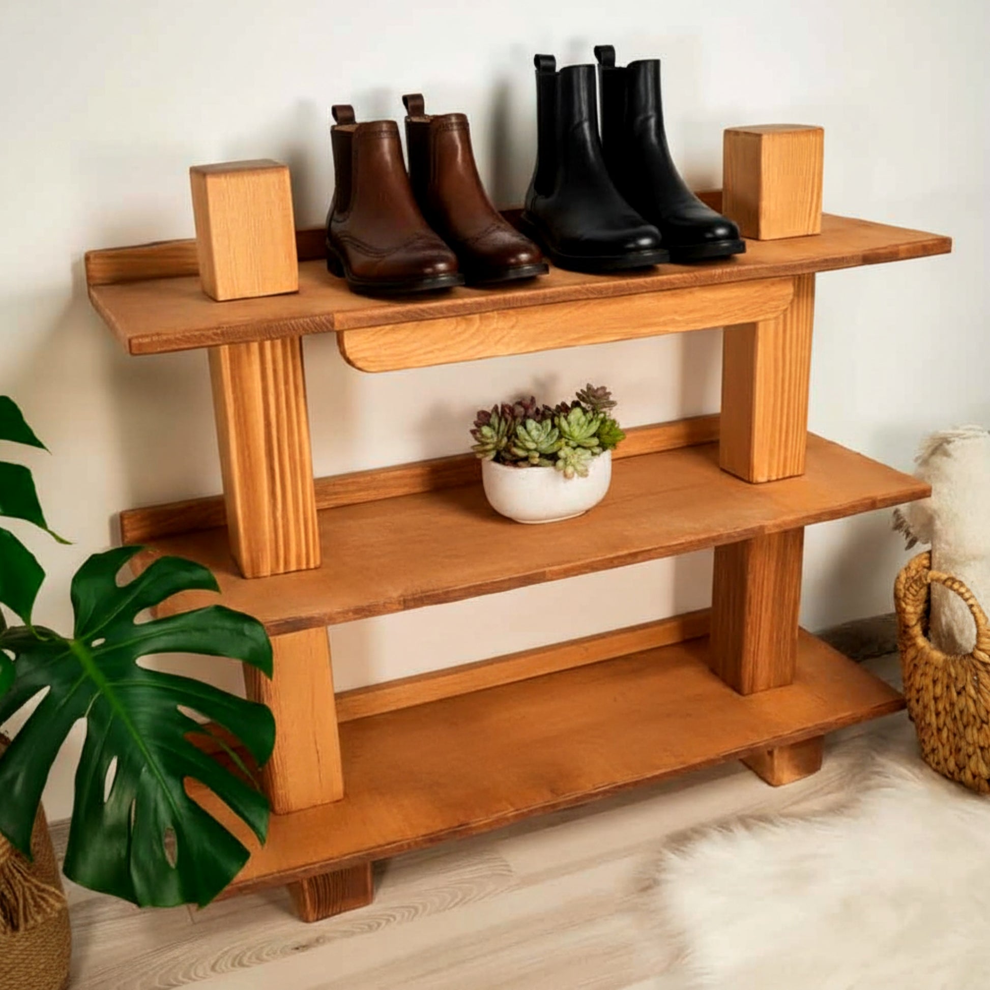 Heavy duty solid pine shoe bench rack thick wood.