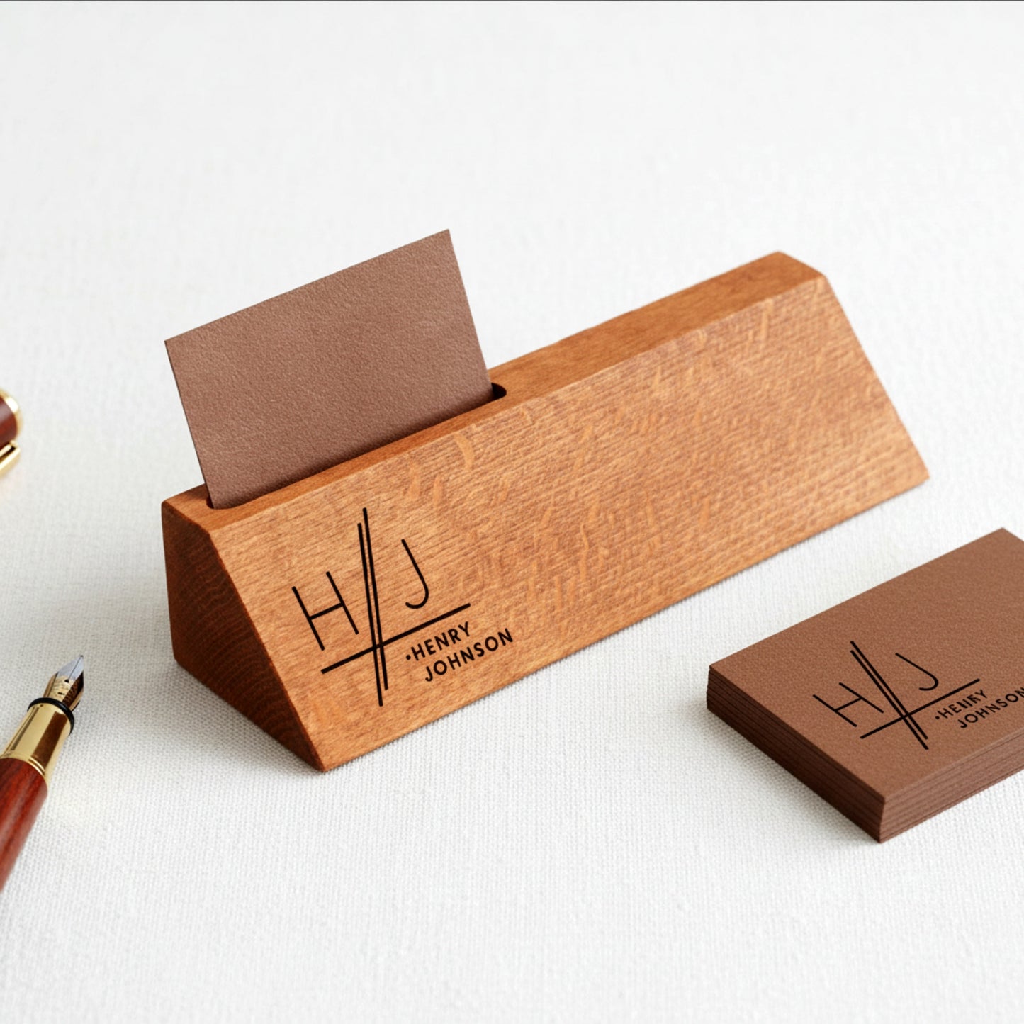 Personalized wooden desk name plate with card holder slot.