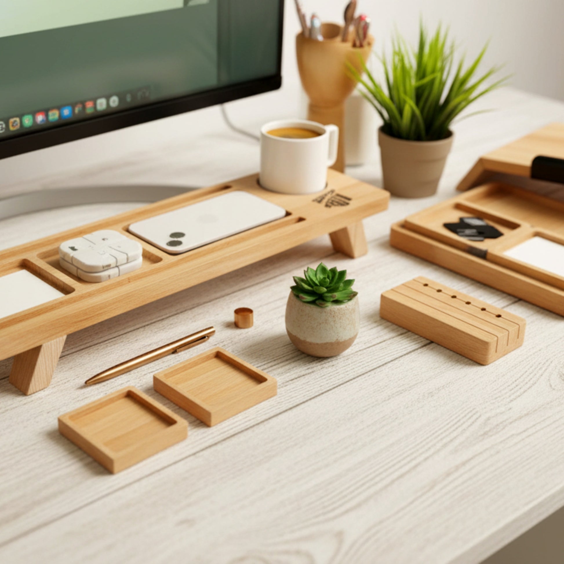 Solid pine wood monitor stand desk organizer with phone holder.
