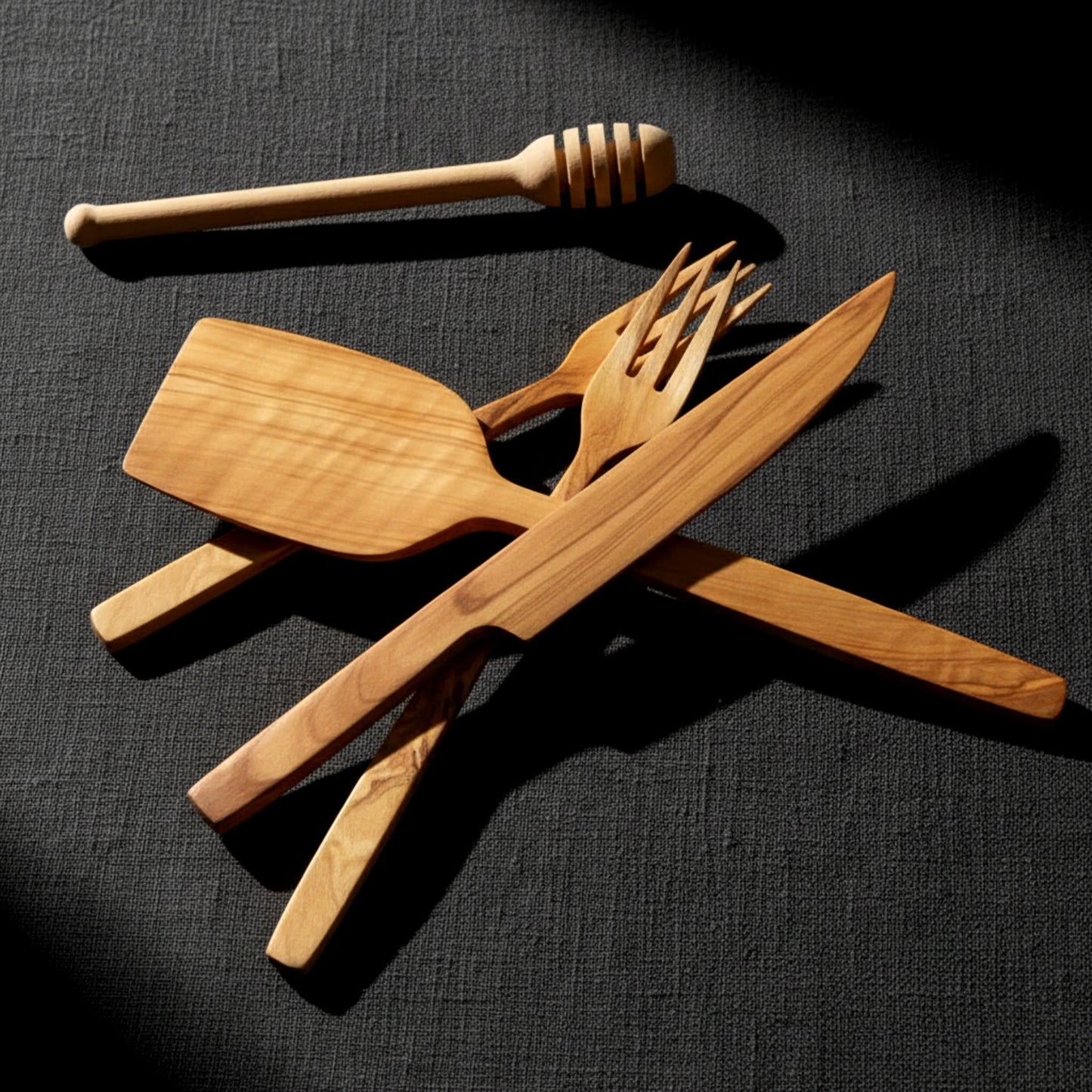 Olive wood kitchen utensil set spatula knife fork honey dipper.