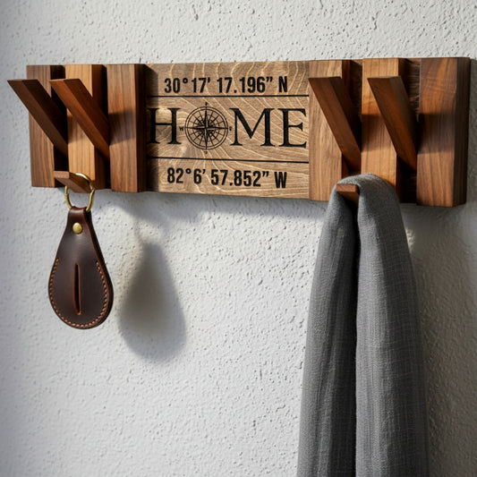 Walnut piano coat rack wall mounted flip down hooks.