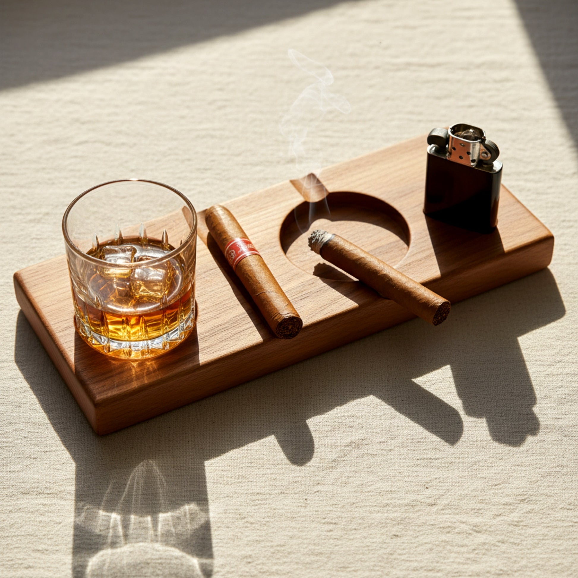 Solid walnut cigar ashtray and whiskey glass holder luxury gift.