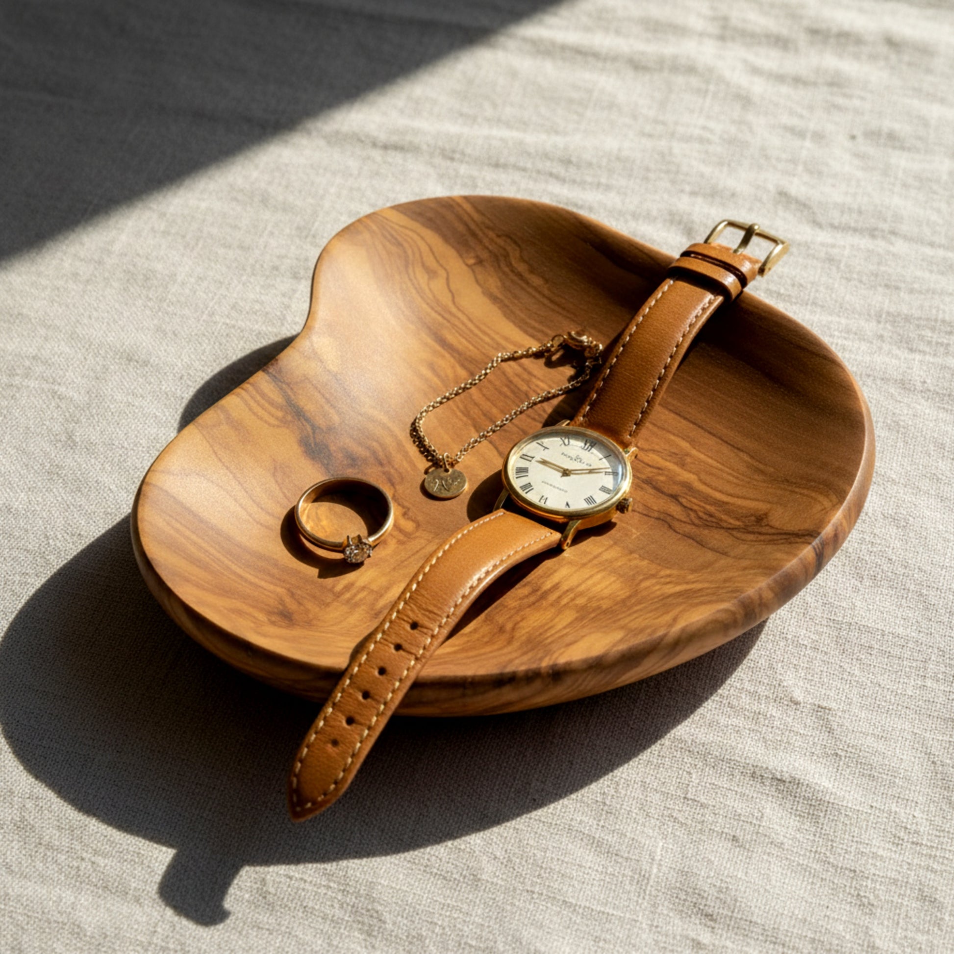 Olive wood organic serving tray and valet catch all bowl.
