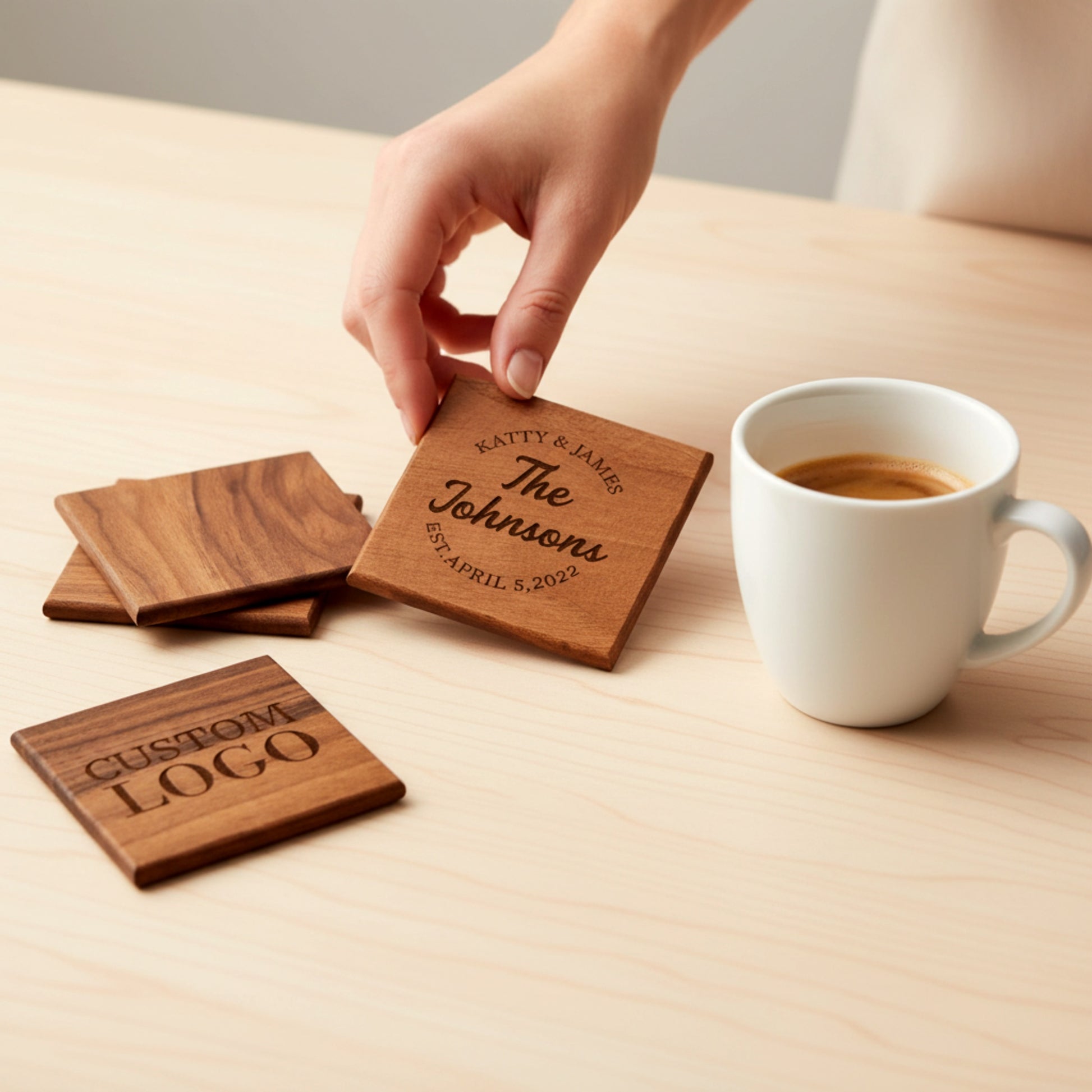Personalized solid walnut and beech wood coasters set.