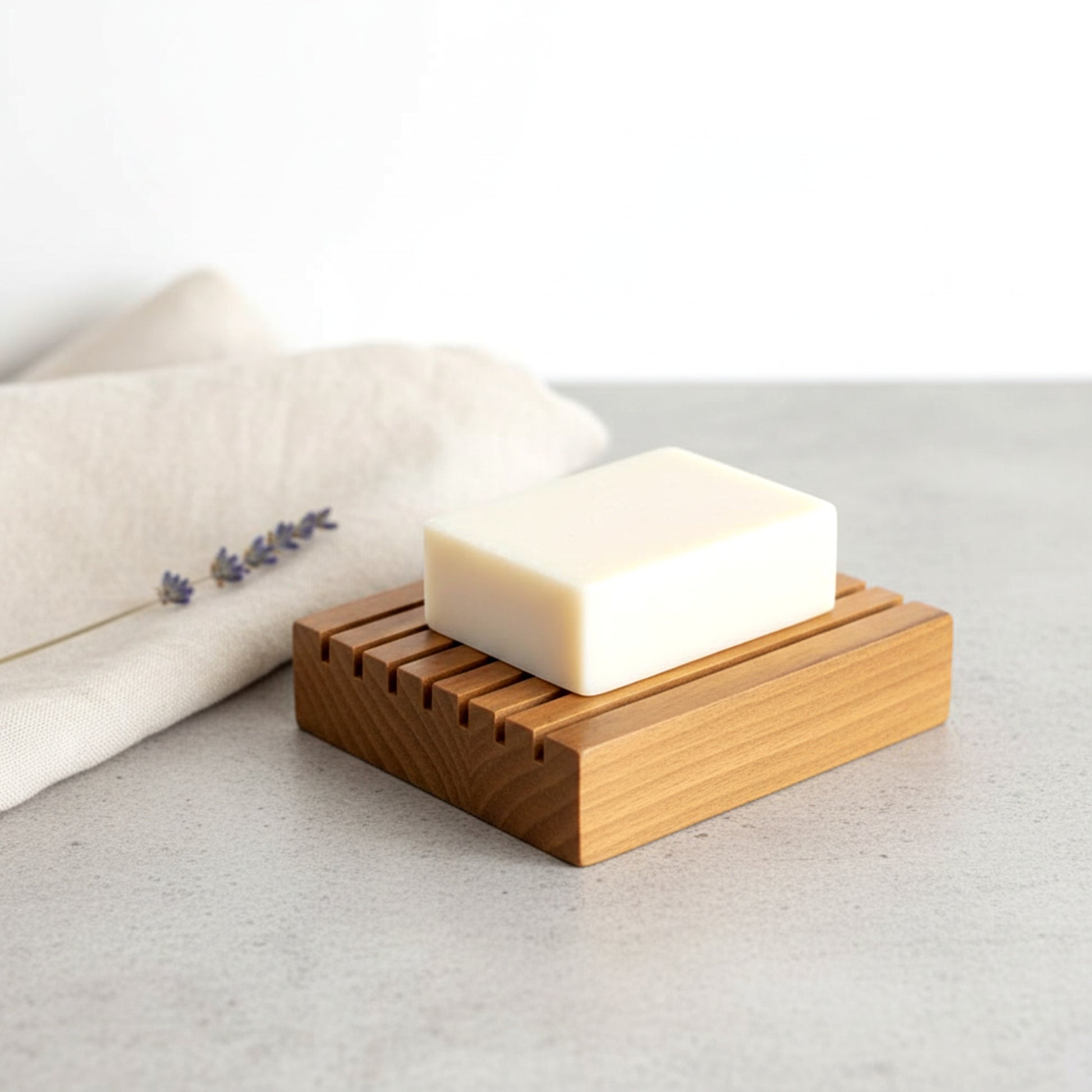 Solid walnut wood soap dish drainer for bathroom.