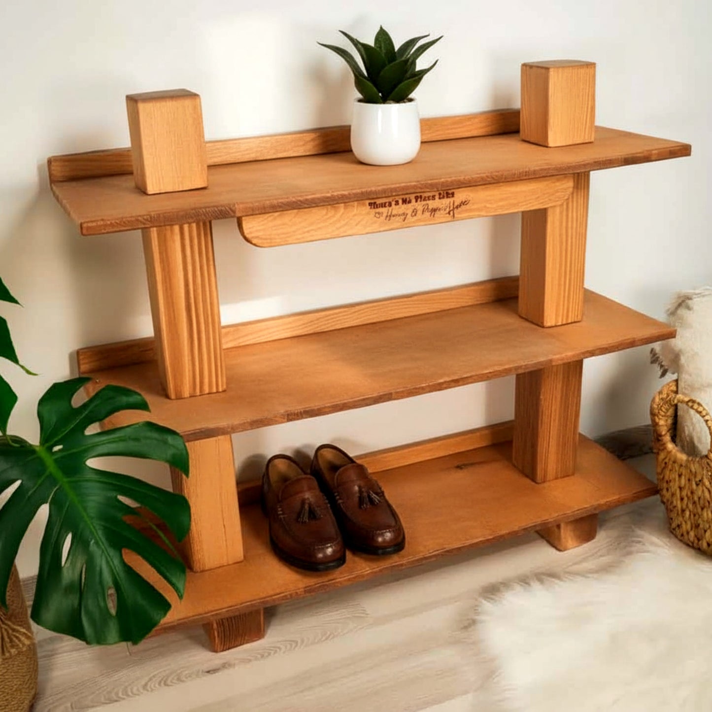 Heavy duty solid pine shoe bench rack thick wood.