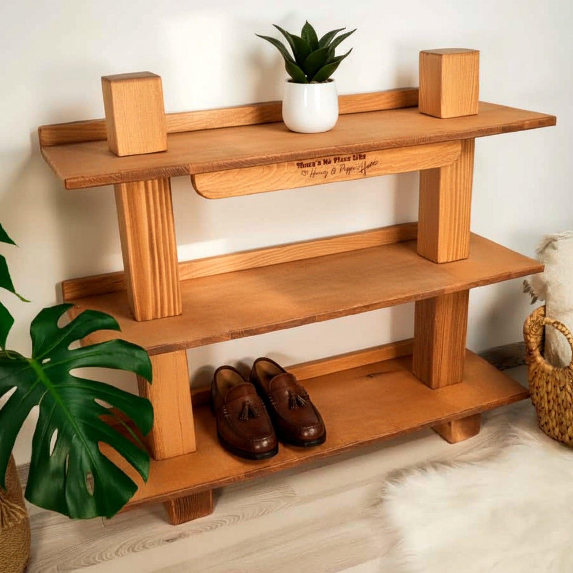 Heavy duty solid pine shoe bench rack thick wood.