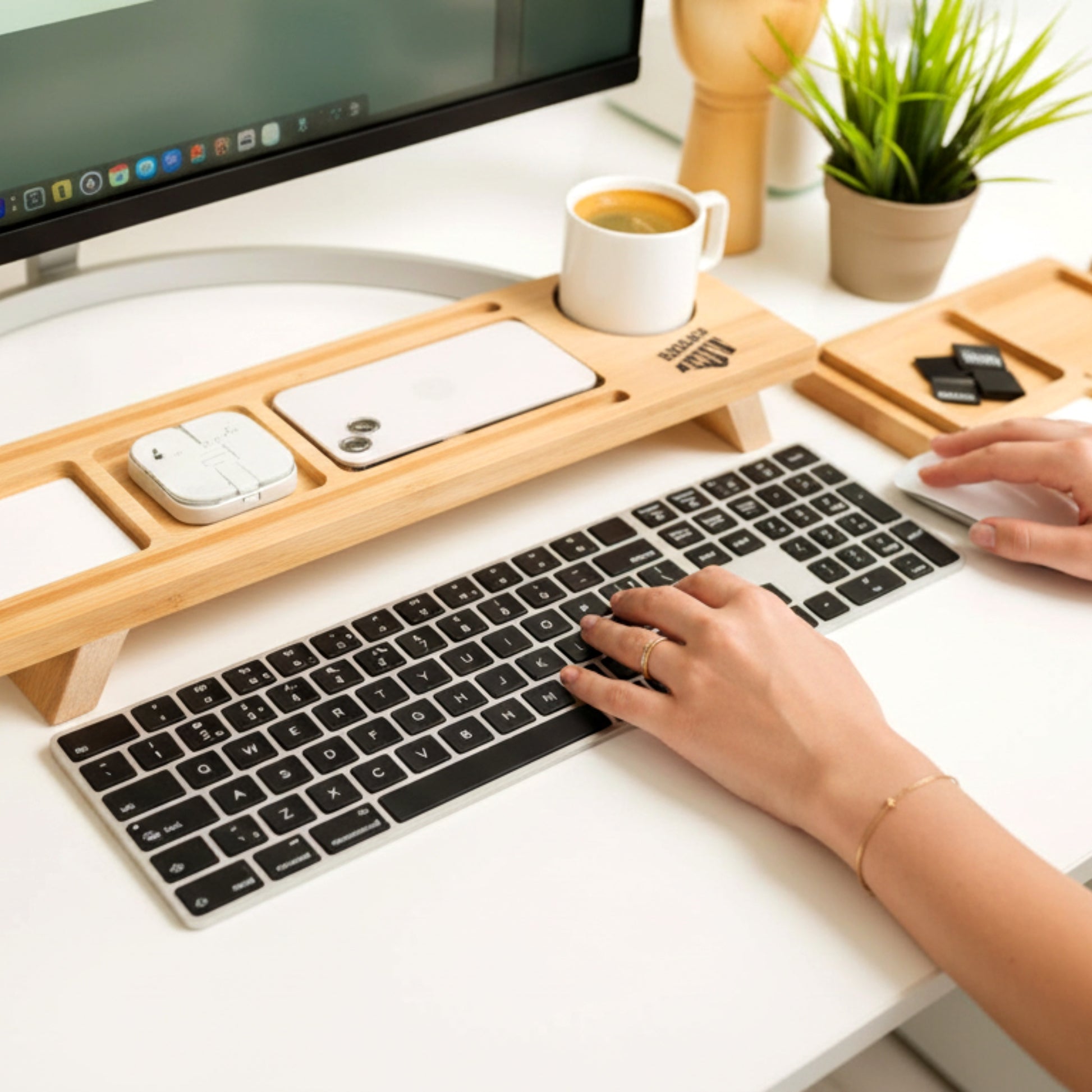Solid pine wood monitor stand desk organizer with phone holder.