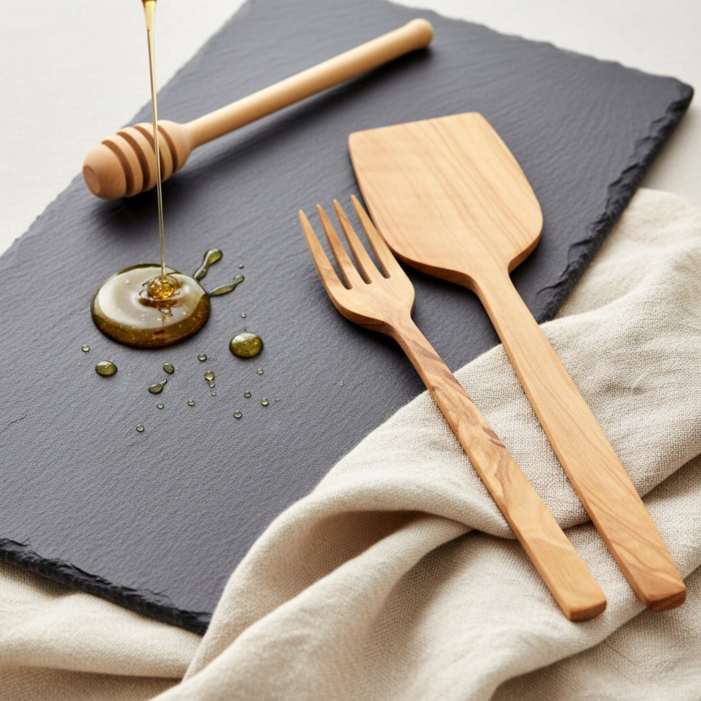 Olive wood kitchen utensil set spatula knife fork honey dipper.