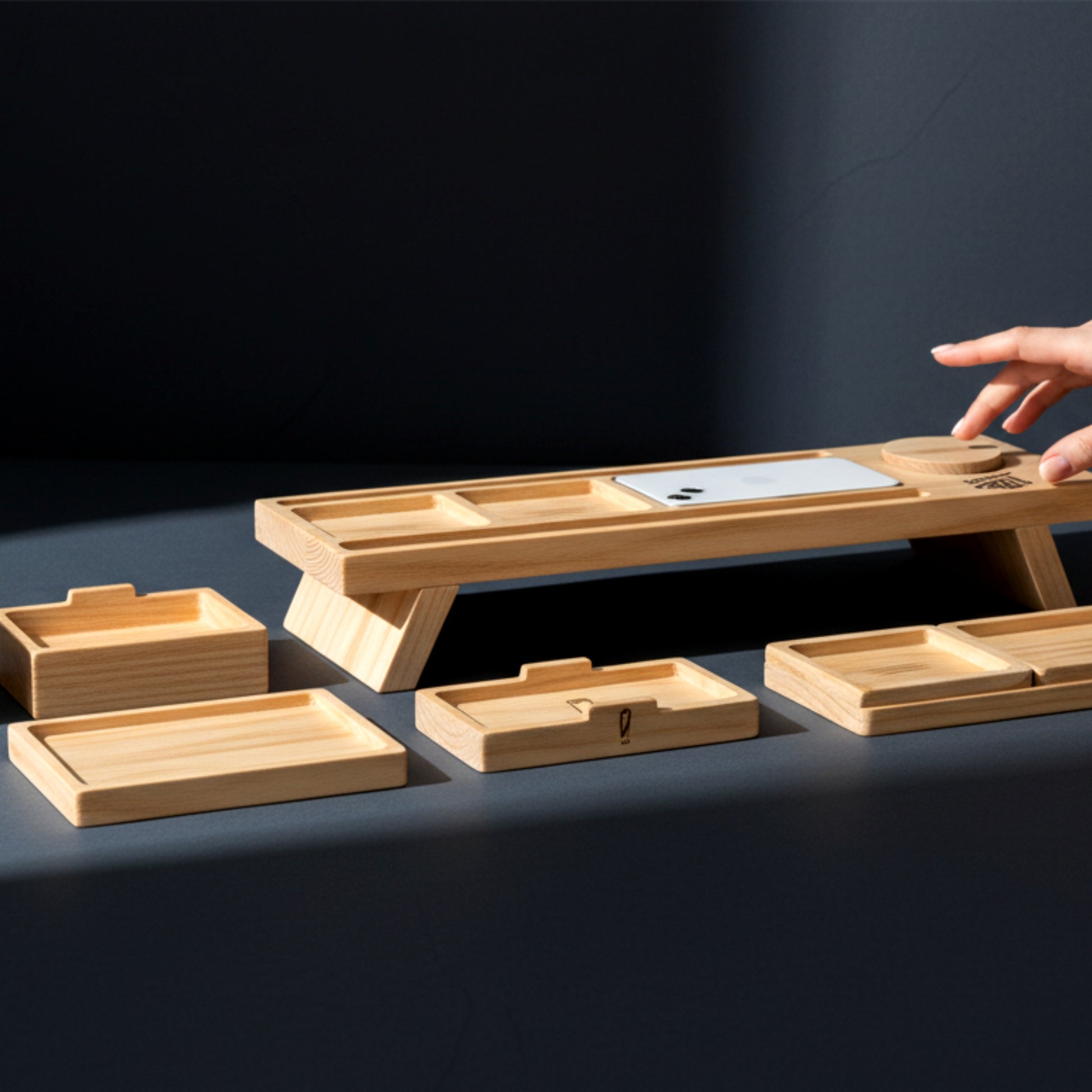 Solid pine wood monitor stand desk organizer with phone holder.