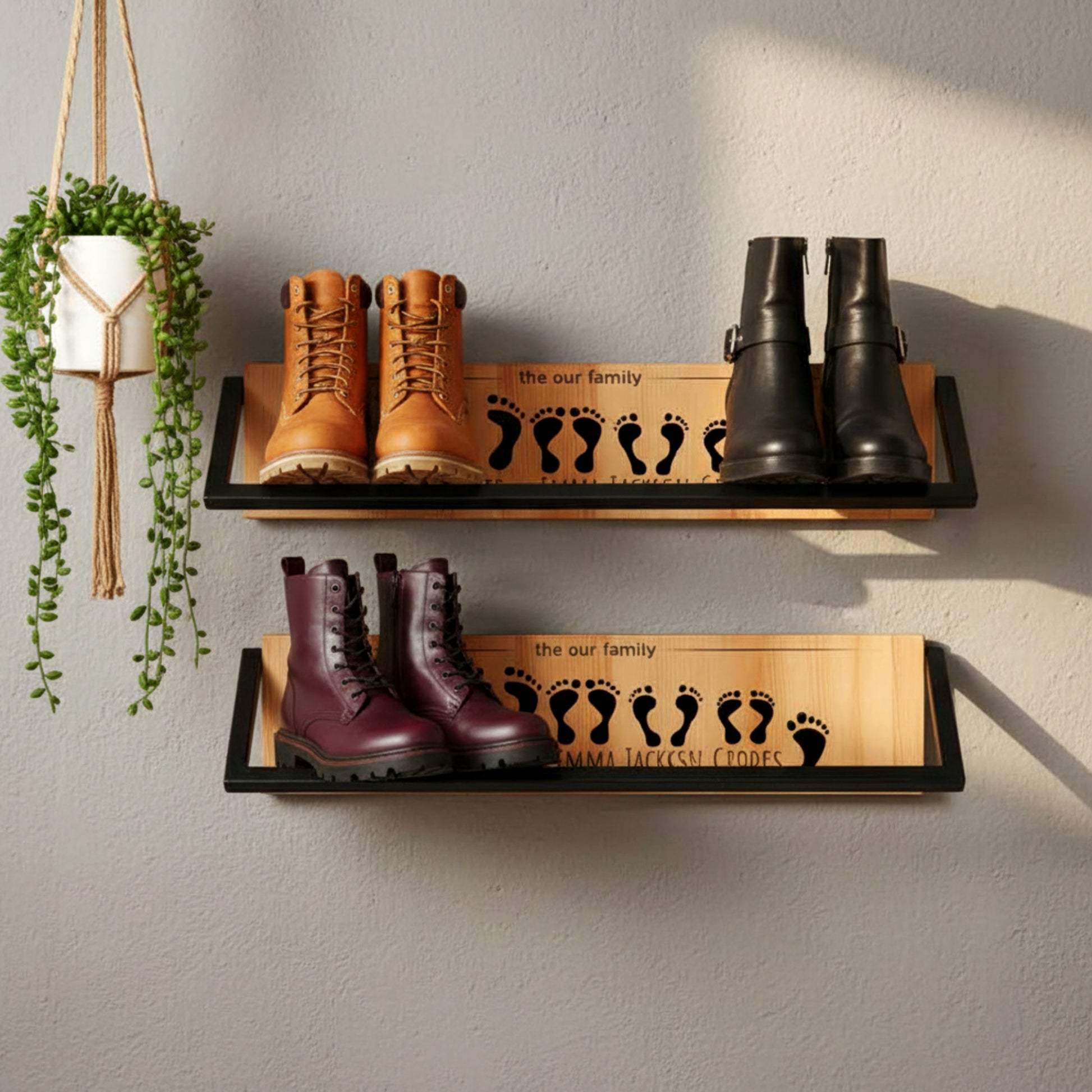Solid pine wood floating shoe rack wall mounted shelf.