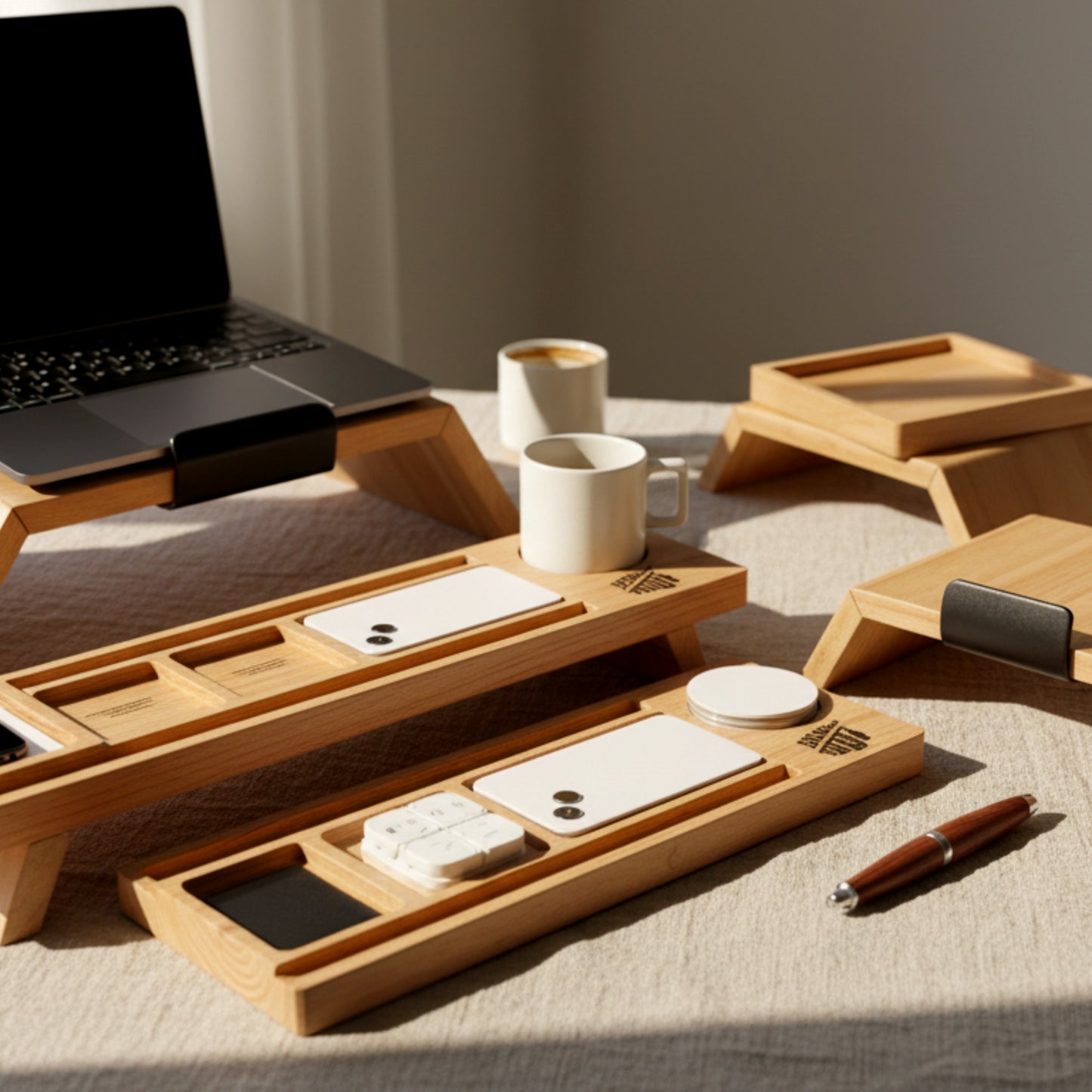 Solid pine wood monitor stand desk organizer with phone holder.