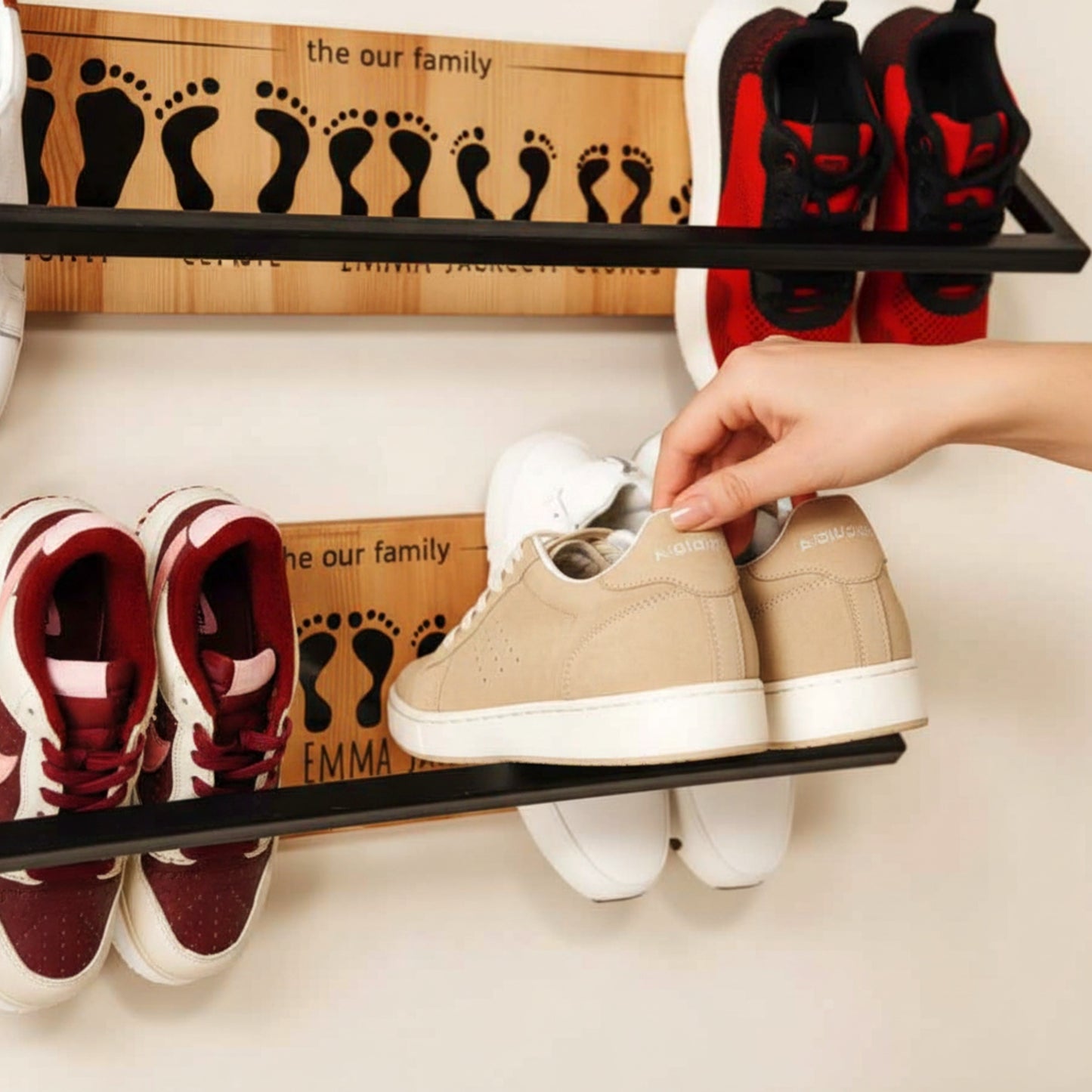Solid pine wood floating shoe rack wall mounted shelf.