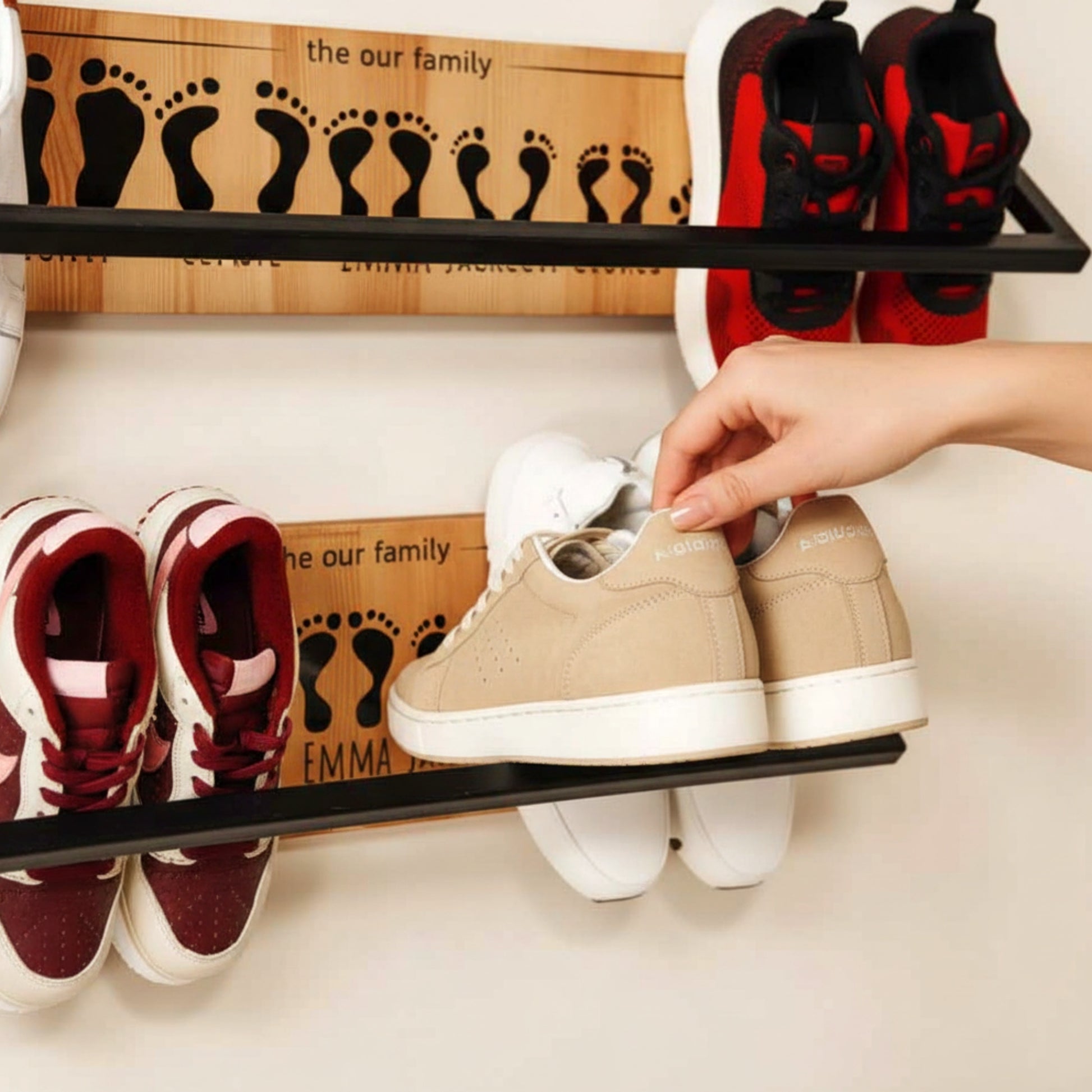 Solid pine wood floating shoe rack wall mounted shelf.