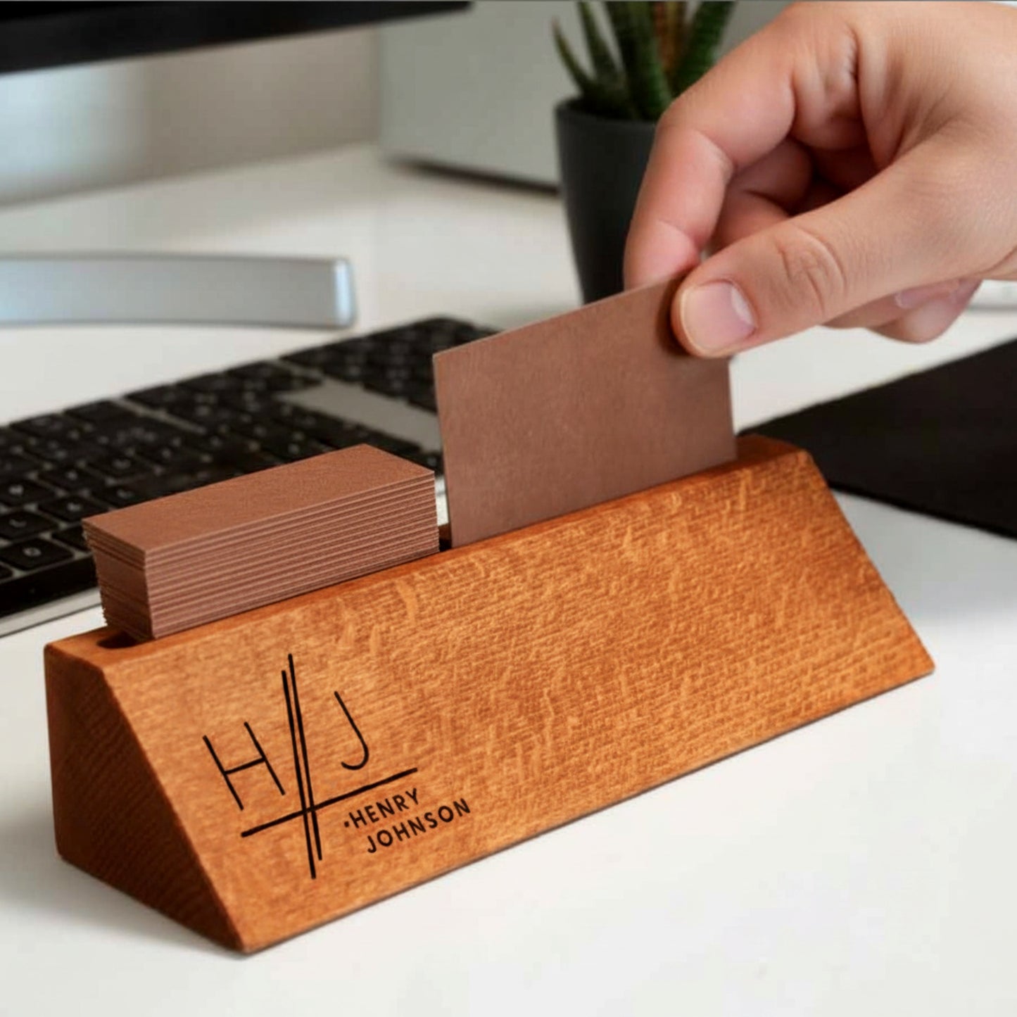Personalized wooden desk name plate with card holder slot.