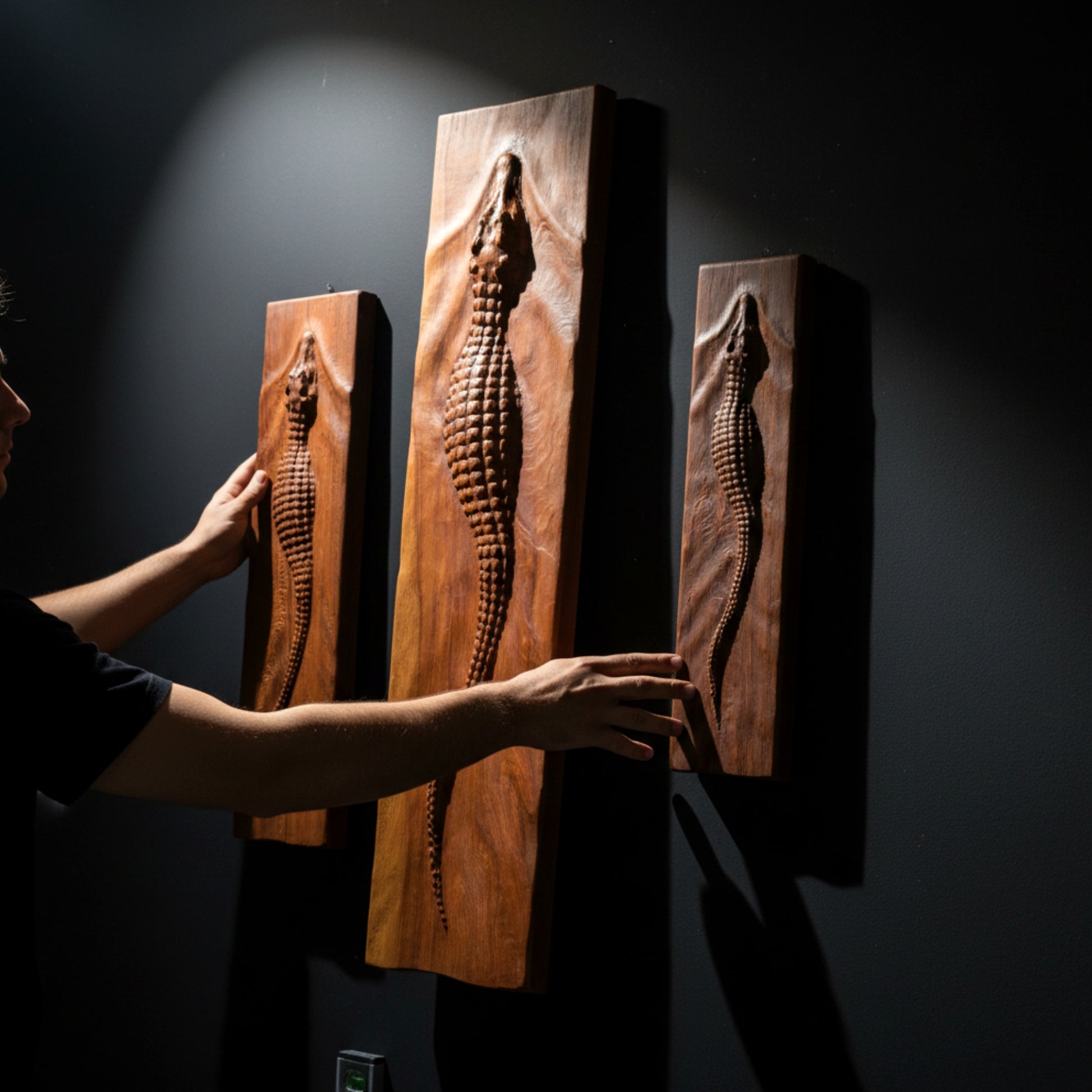 Hand carved walnut crocodile wall art sculpture 3D relief.
