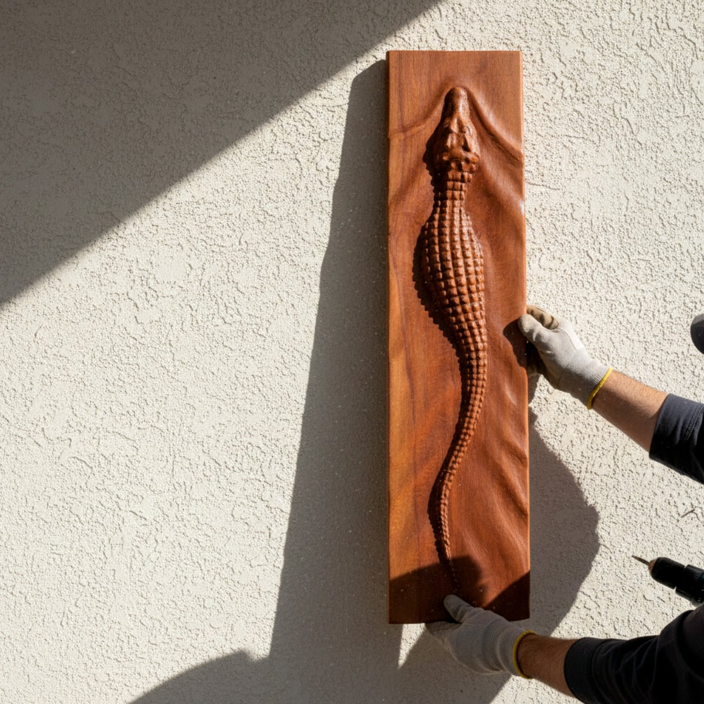 Hand carved walnut crocodile wall art sculpture 3D relief.