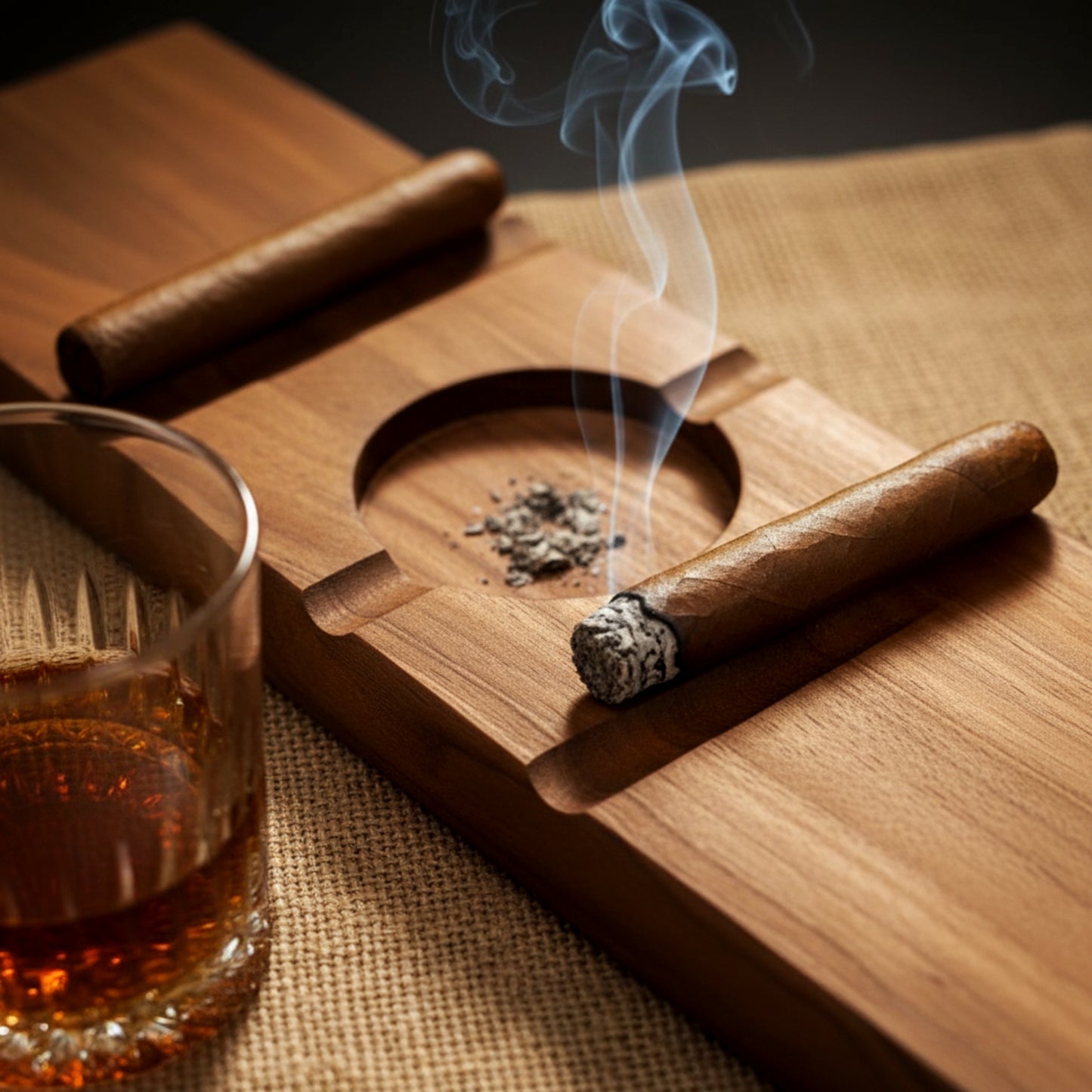 Solid walnut cigar ashtray and whiskey glass holder luxury gift.