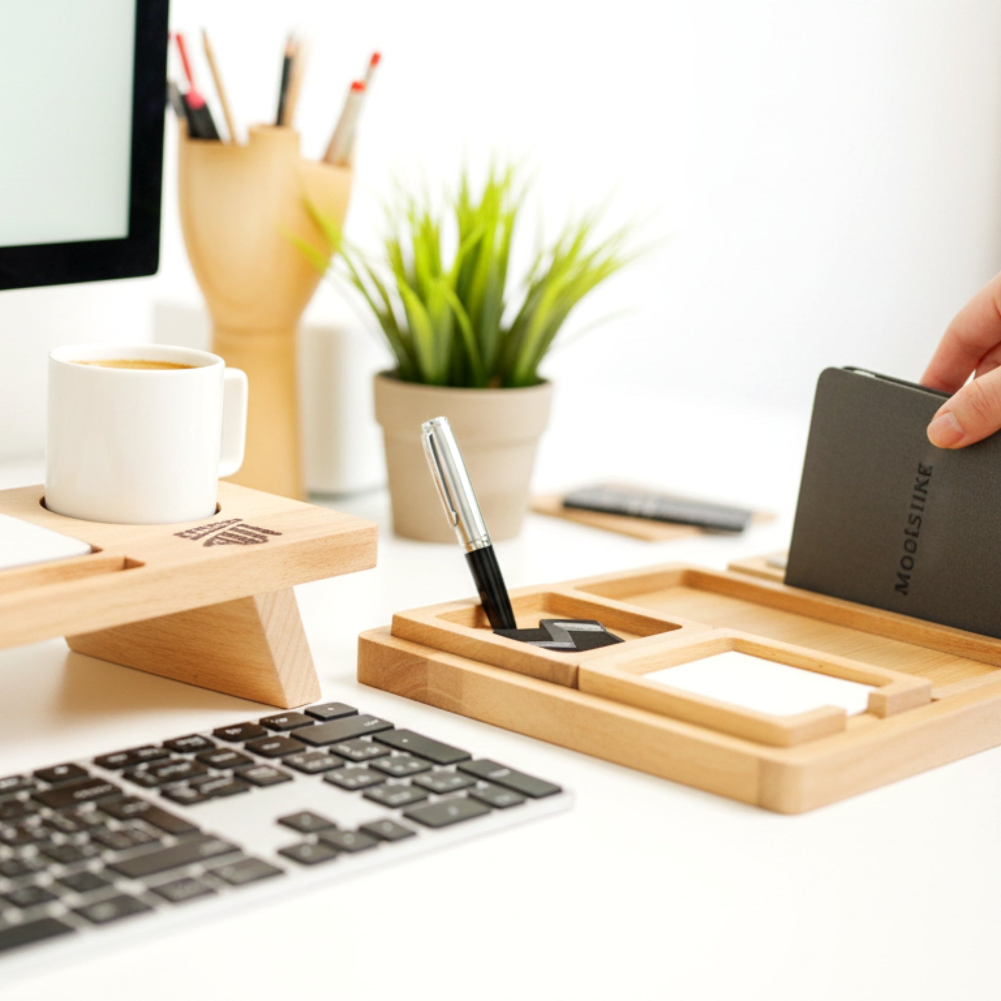 Solid pine wood monitor stand desk organizer with phone holder.