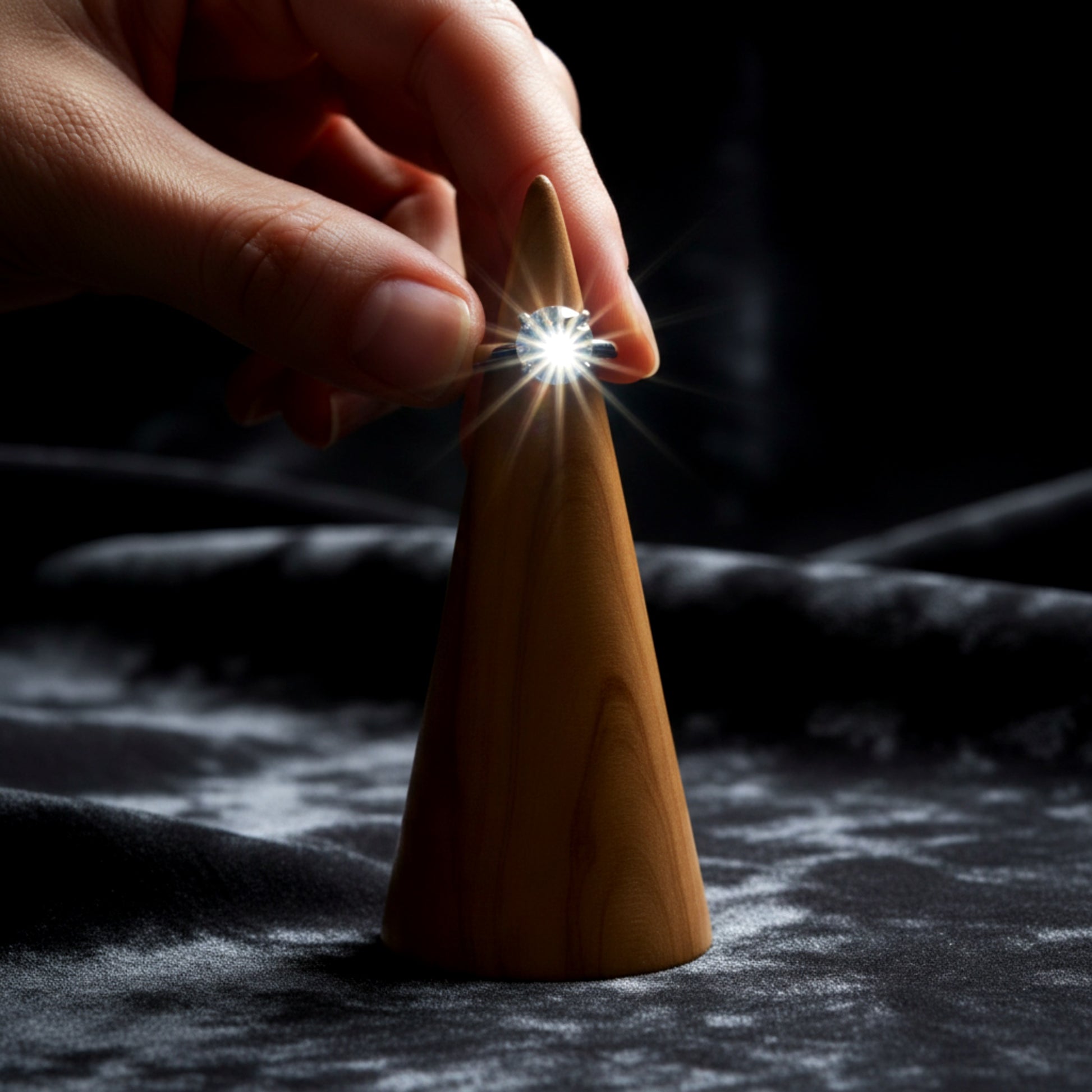 Solid walnut wood ring holder cone for engagement rings.