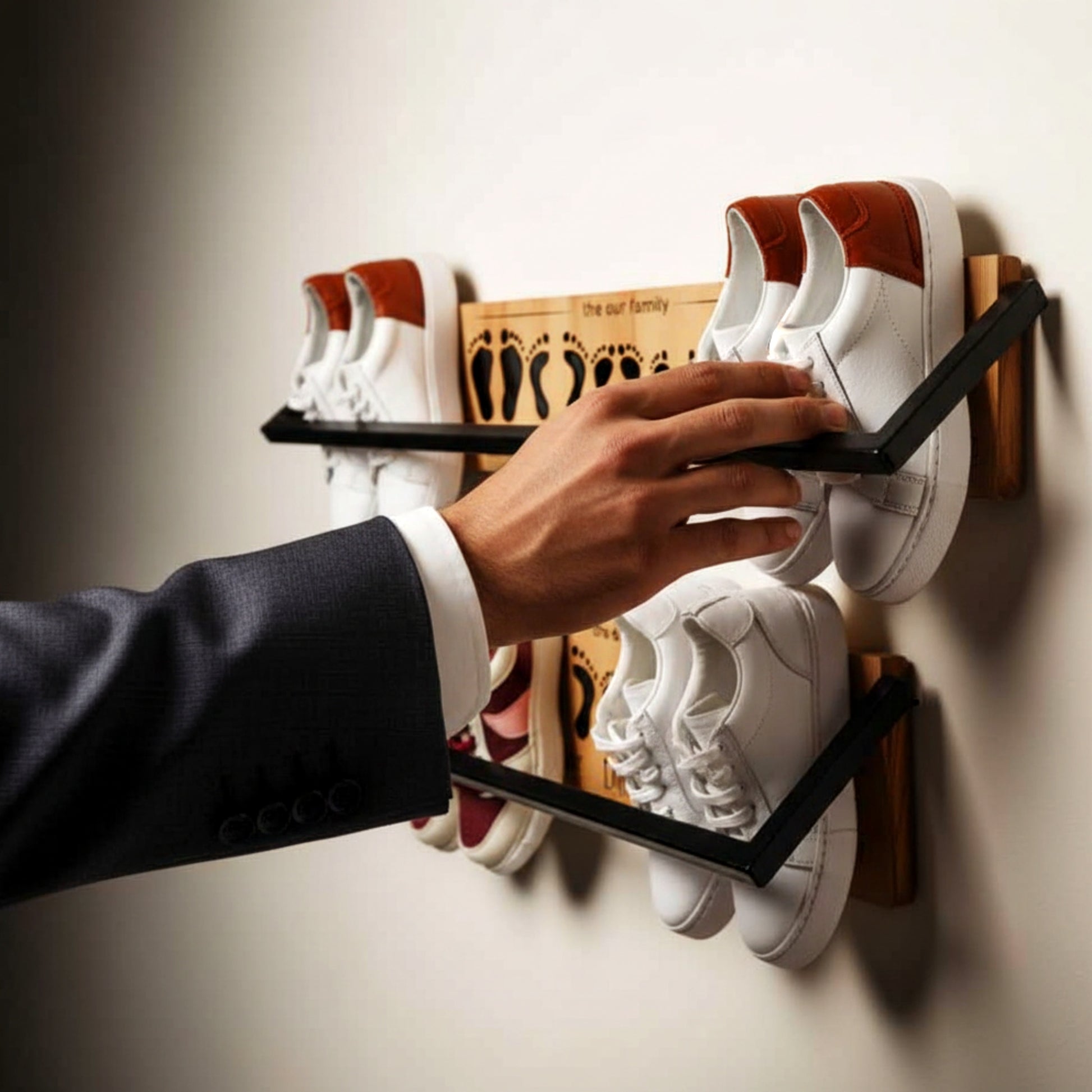 Solid pine wood floating shoe rack wall mounted shelf.