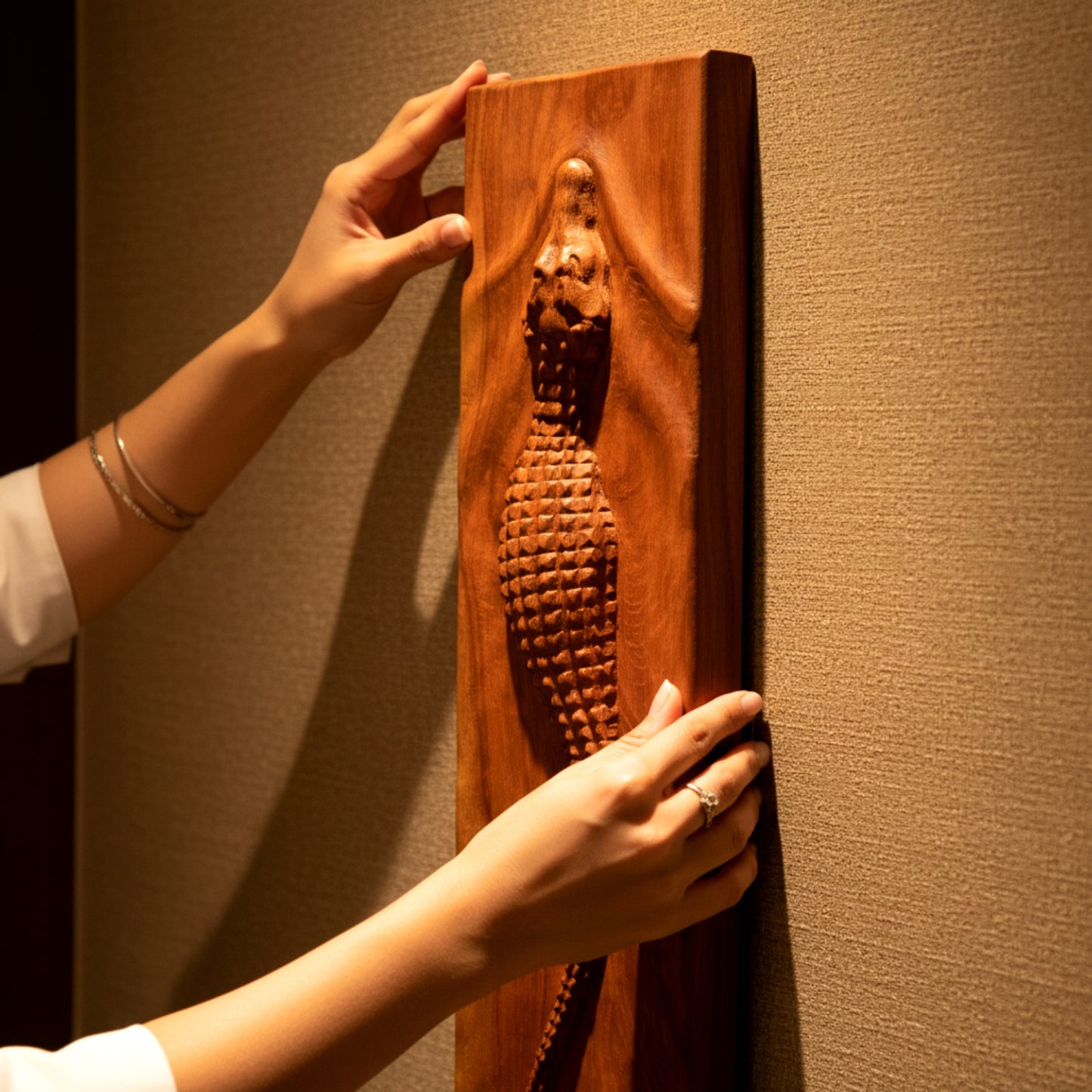 Hand carved walnut crocodile wall art sculpture 3D relief.