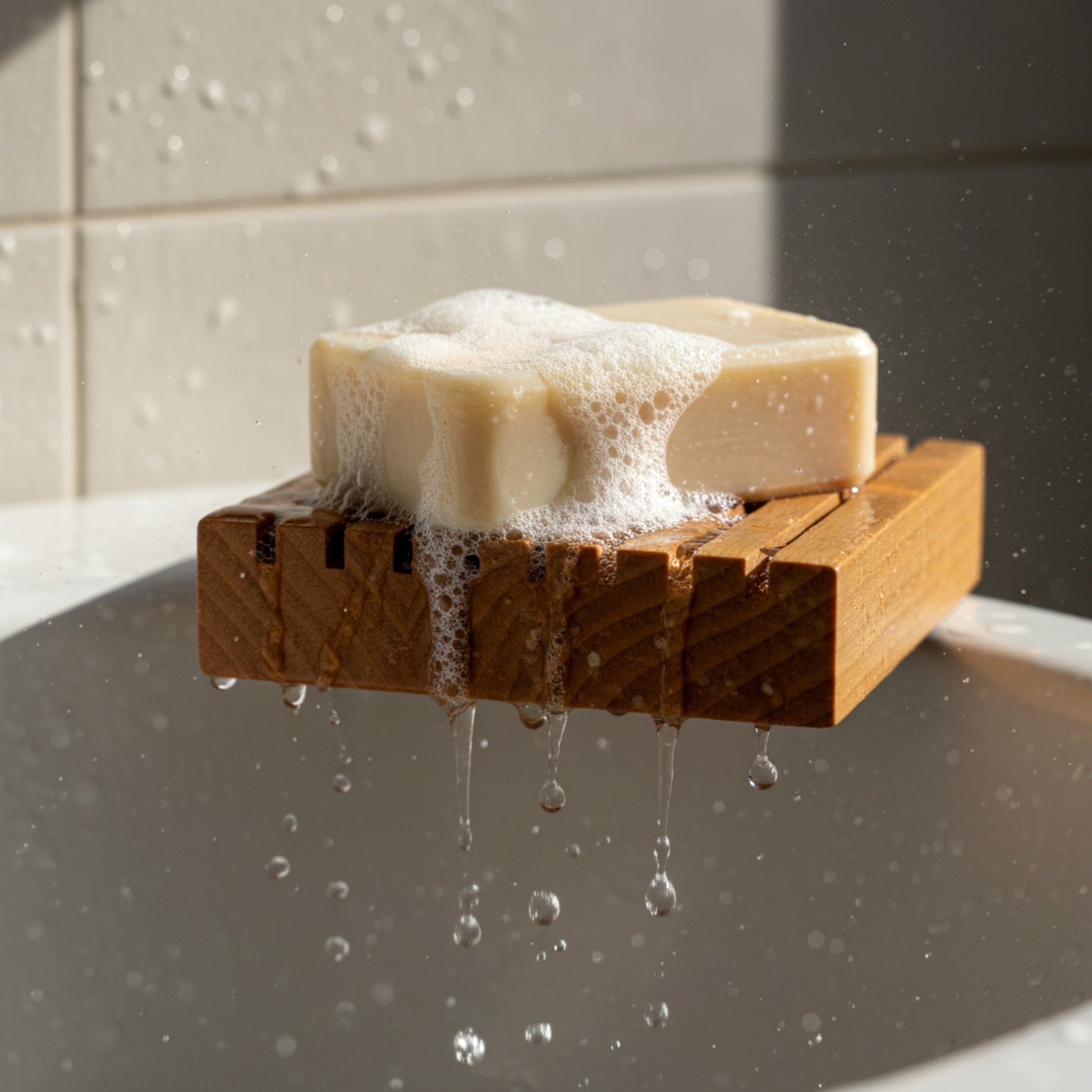 Solid walnut wood soap dish drainer for bathroom.