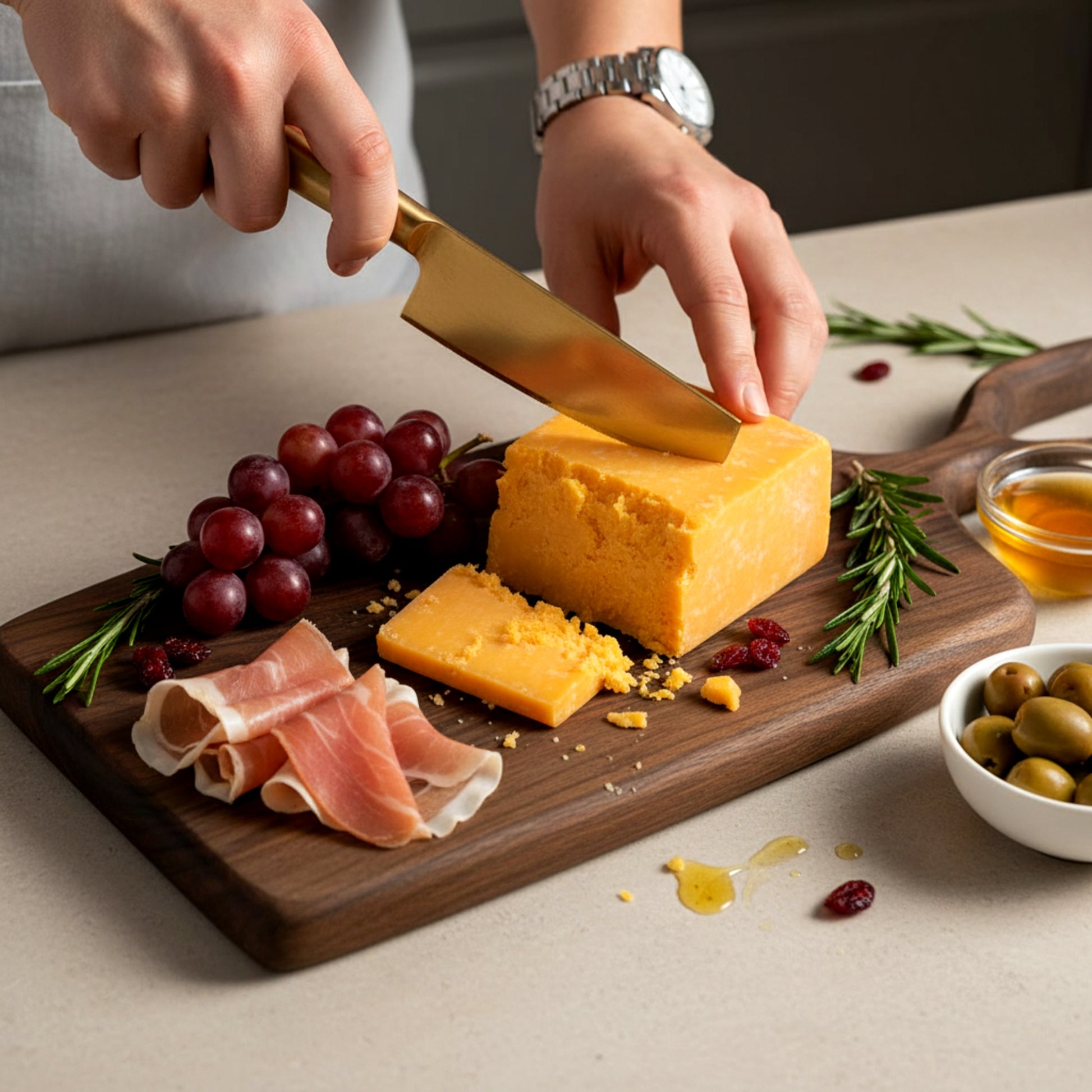 Hand carved walnut wood serving board with antler handle.