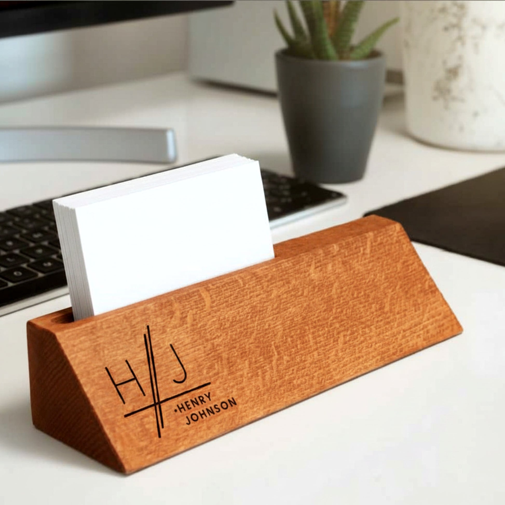 Personalized wooden desk name plate with card holder slot.
