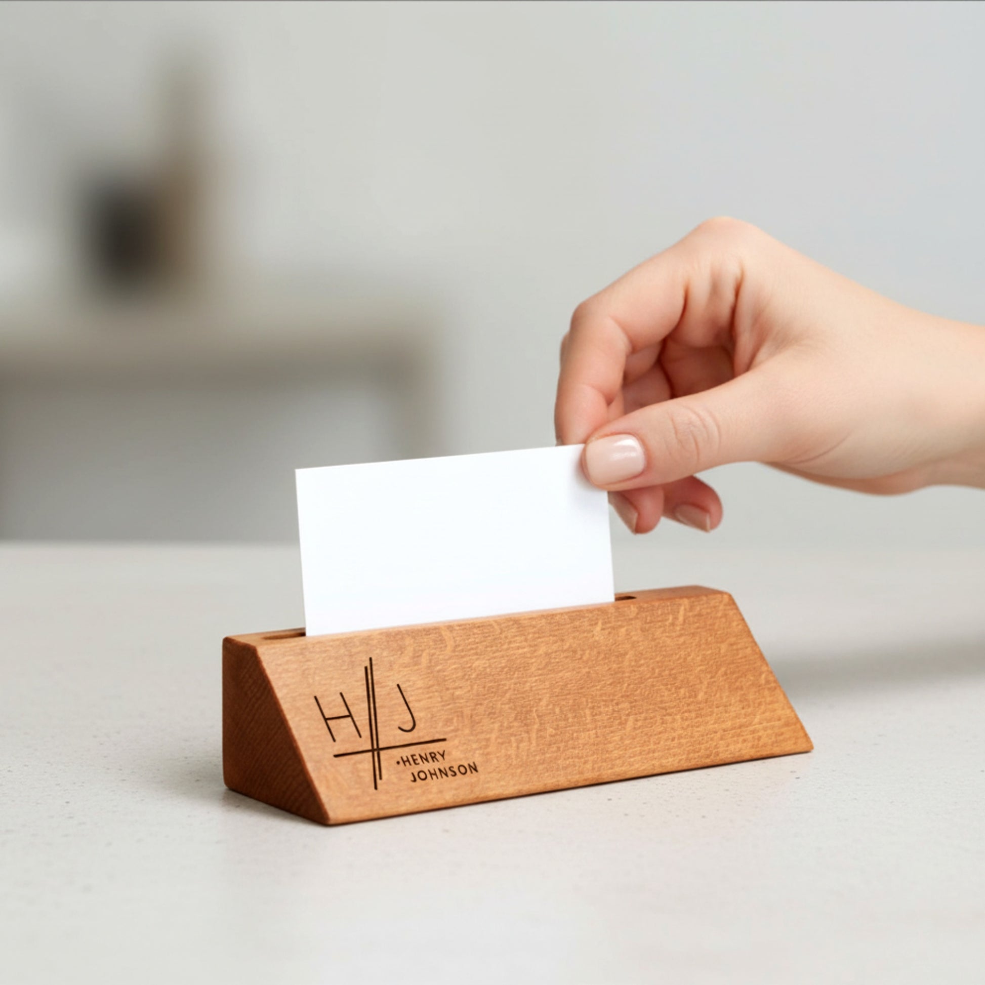 Personalized wooden desk name plate with card holder slot.