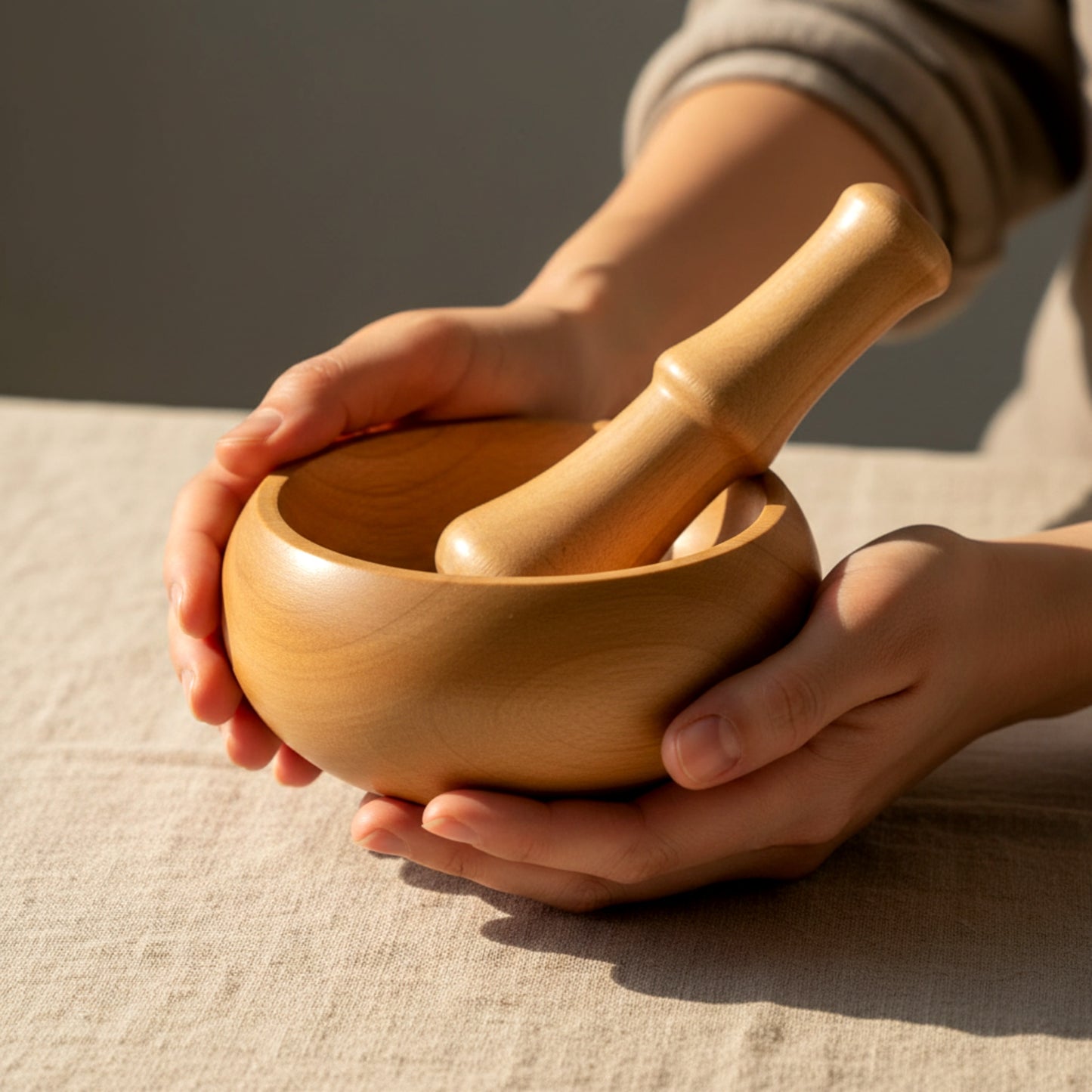 Solid walnut wood mortar and pestle set for spice grinding