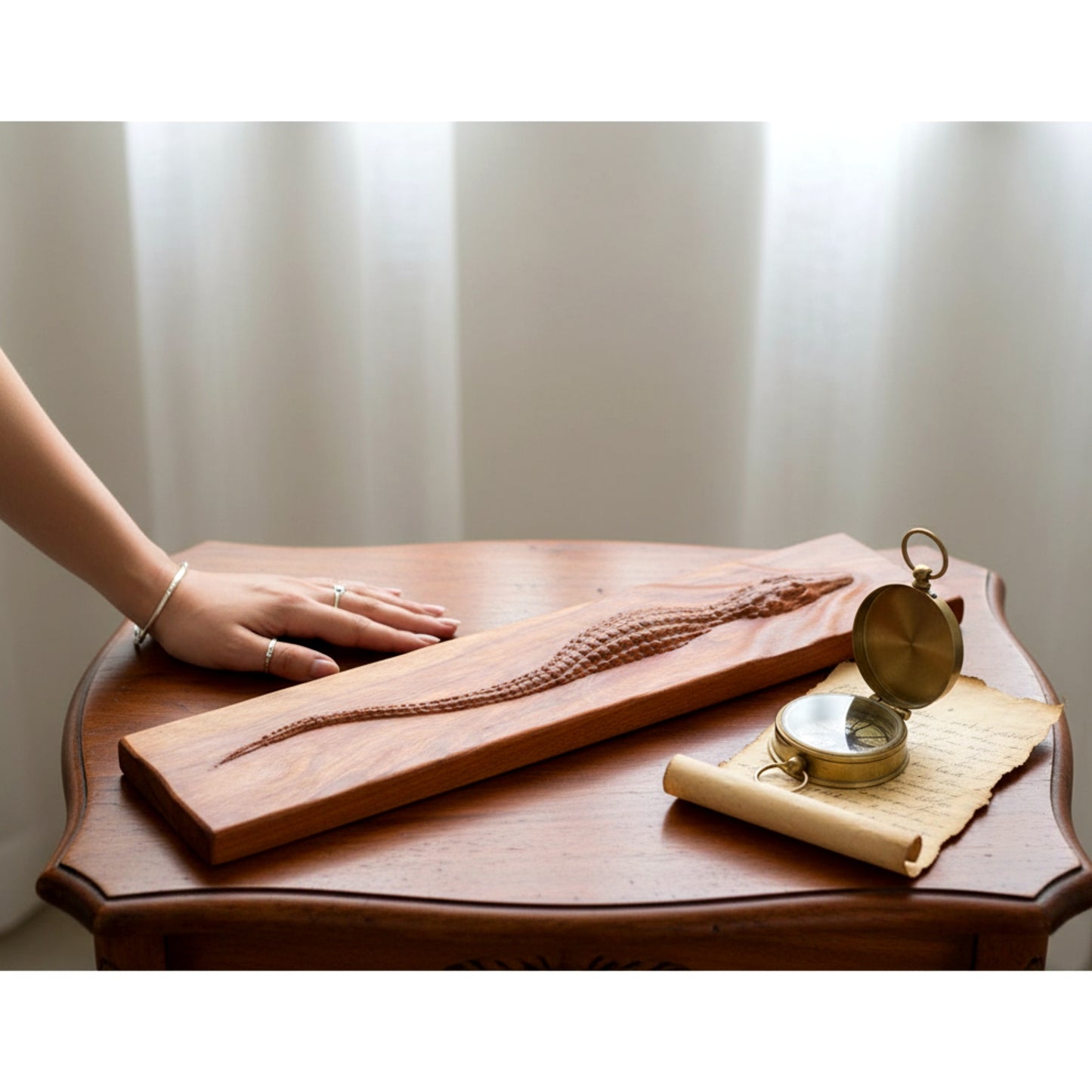 Hand carved walnut crocodile wall art sculpture 3D relief.