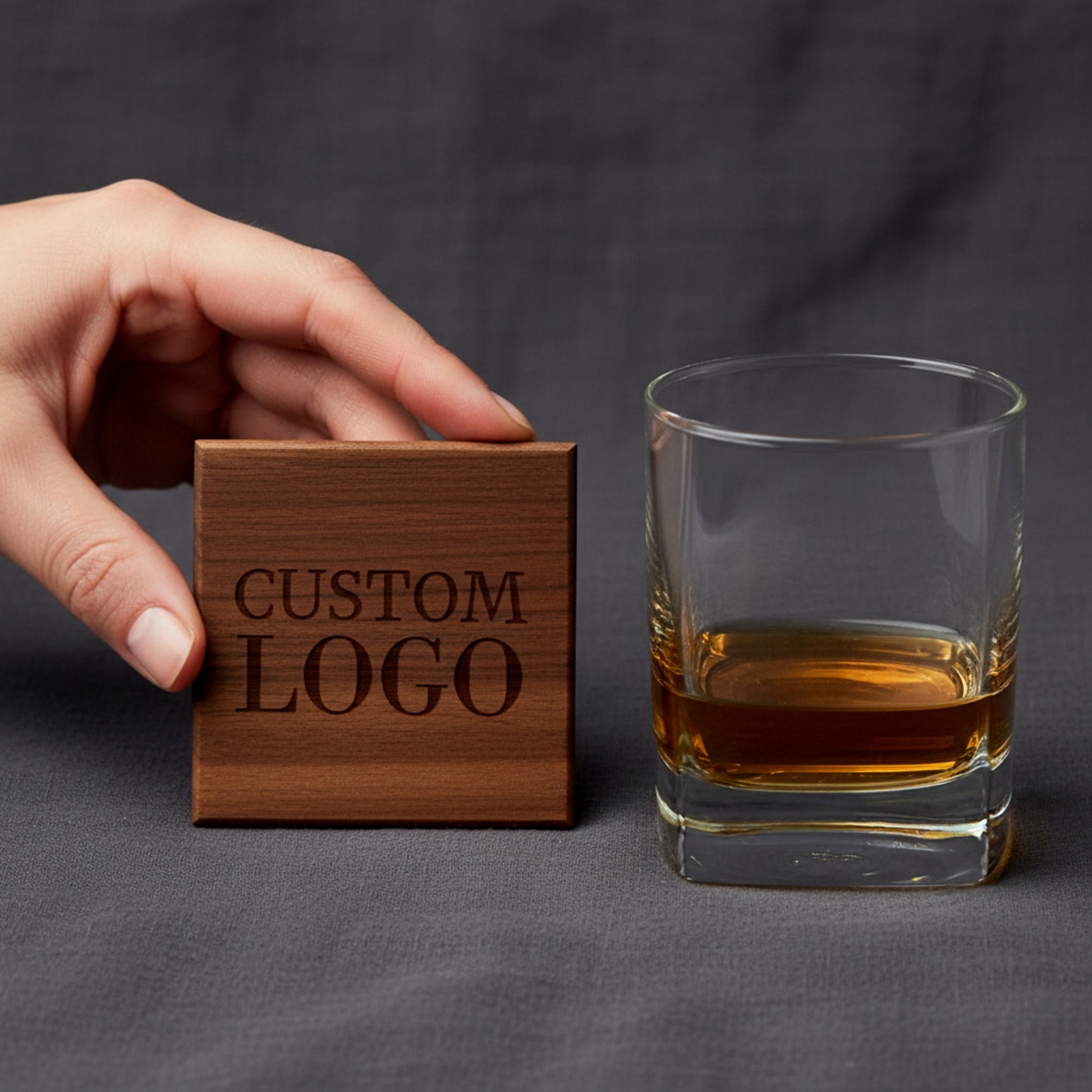 Personalized solid walnut and beech wood coasters set.