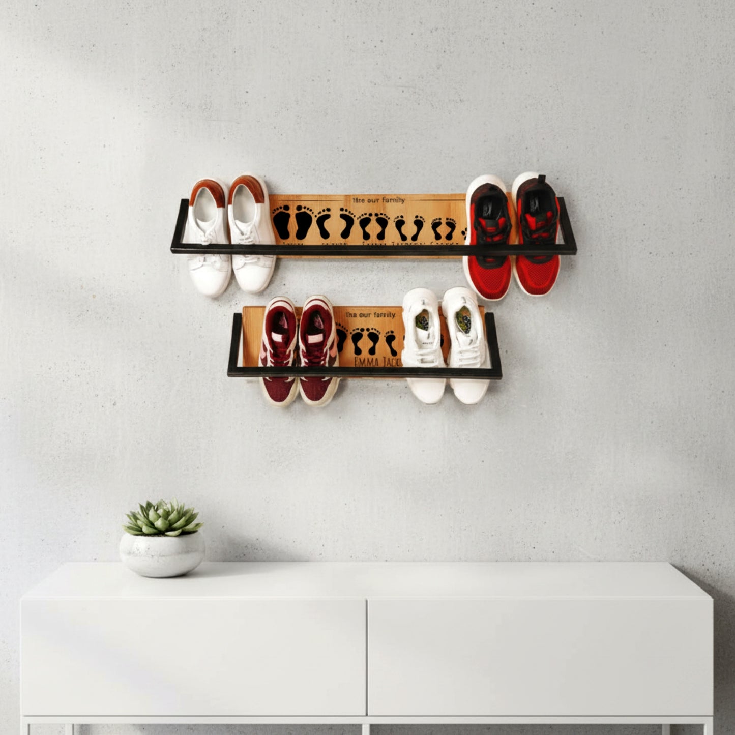 Solid pine wood floating shoe rack wall mounted shelf.