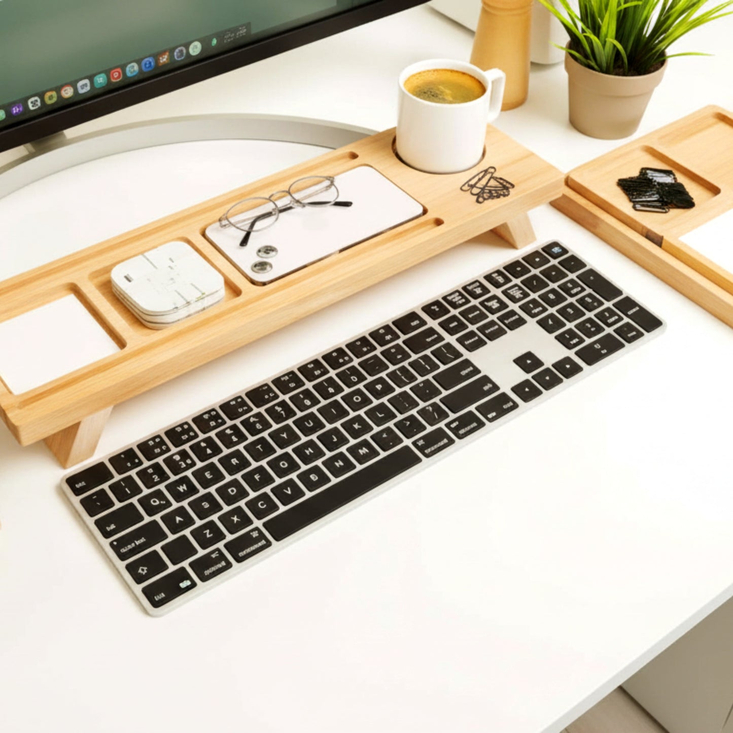 Solid pine wood monitor stand desk organizer with phone holder.