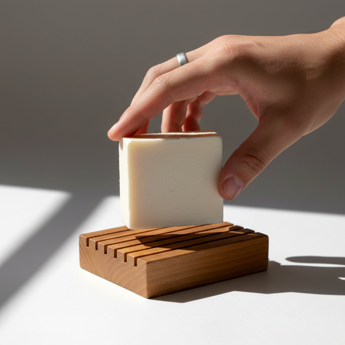 Solid walnut wood soap dish drainer for bathroom.