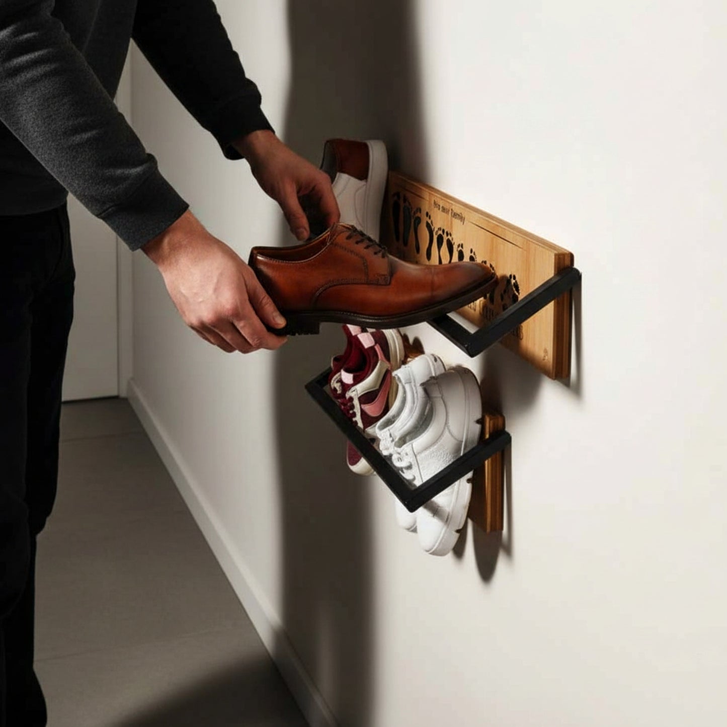 Solid pine wood floating shoe rack wall mounted shelf.