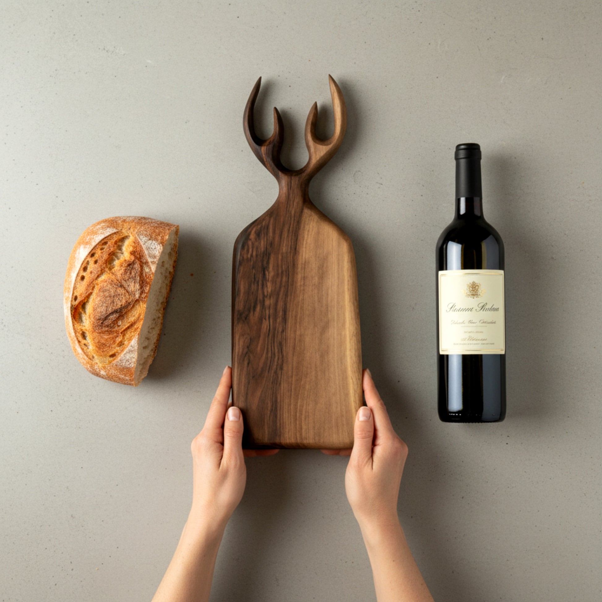 Hand carved walnut wood serving board with antler handle.